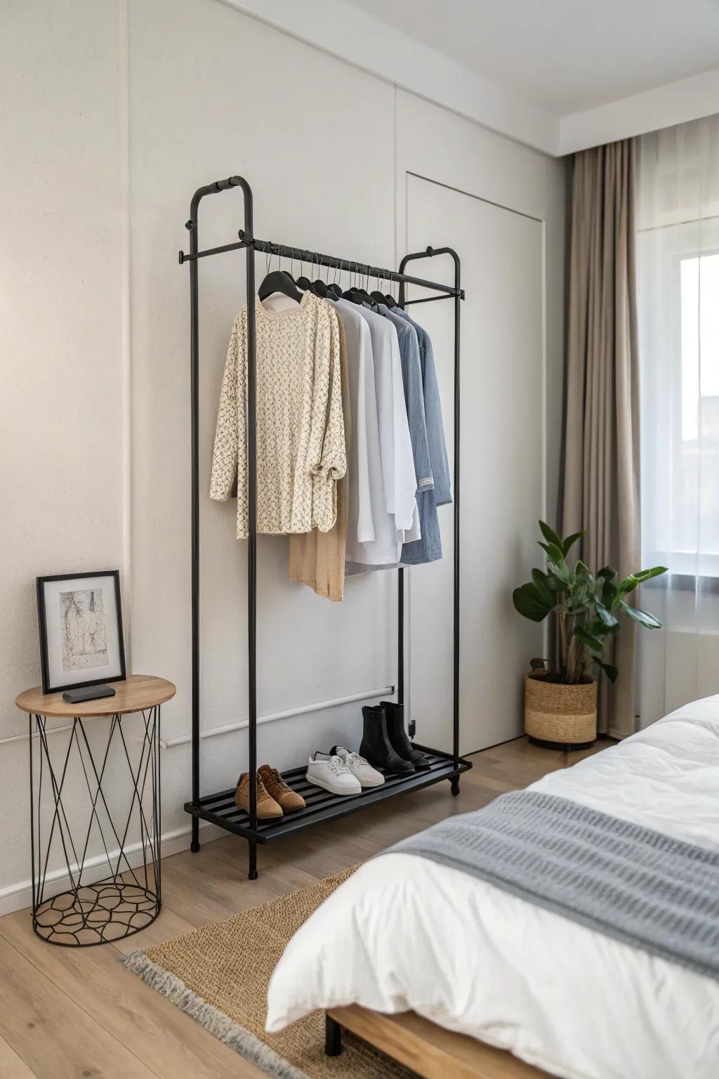 A minimalist bedroom beautifully enhanced by a sleek wall-mounted clothing rack.