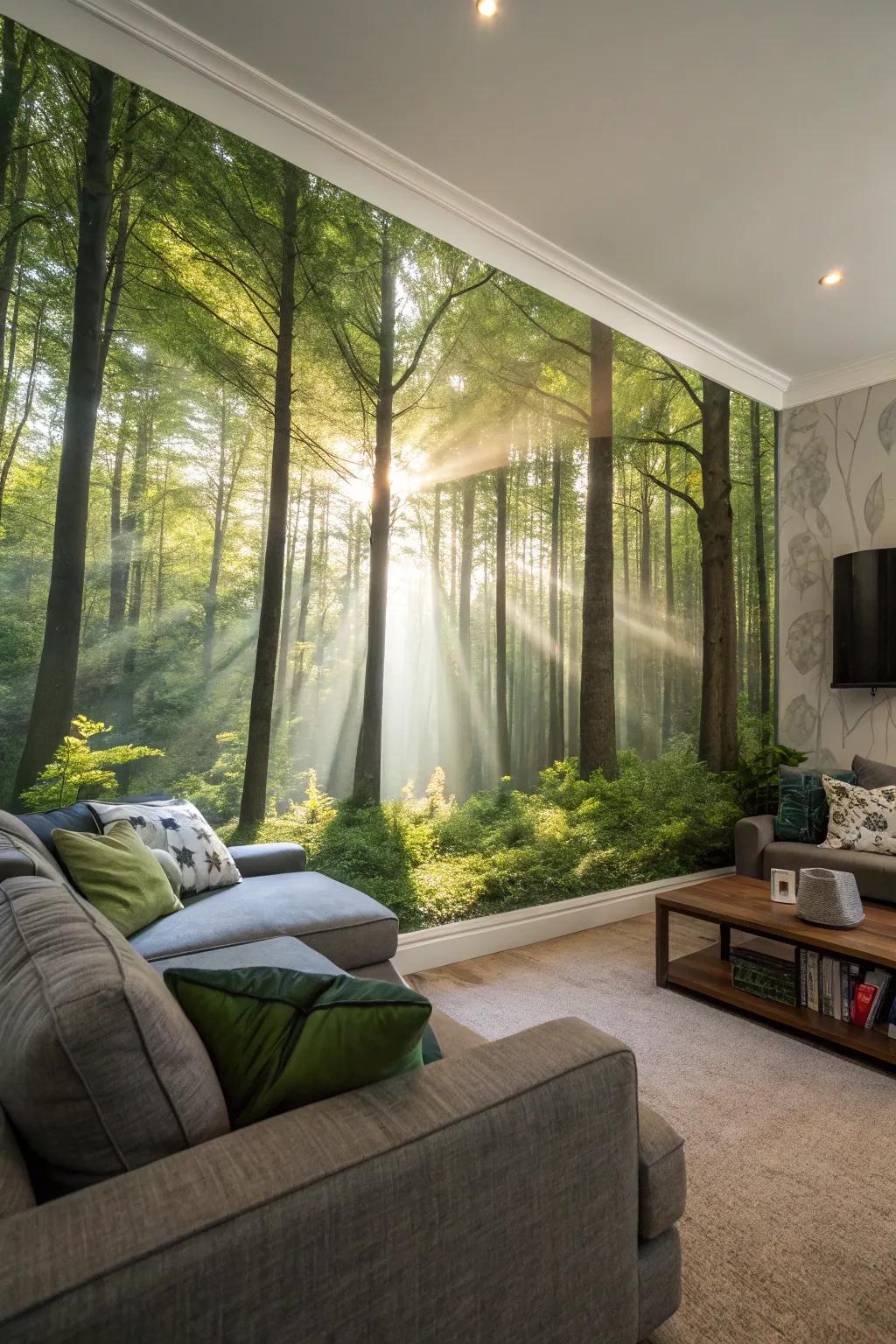 Experience the calm of nature with this vibrant forest wall mural.