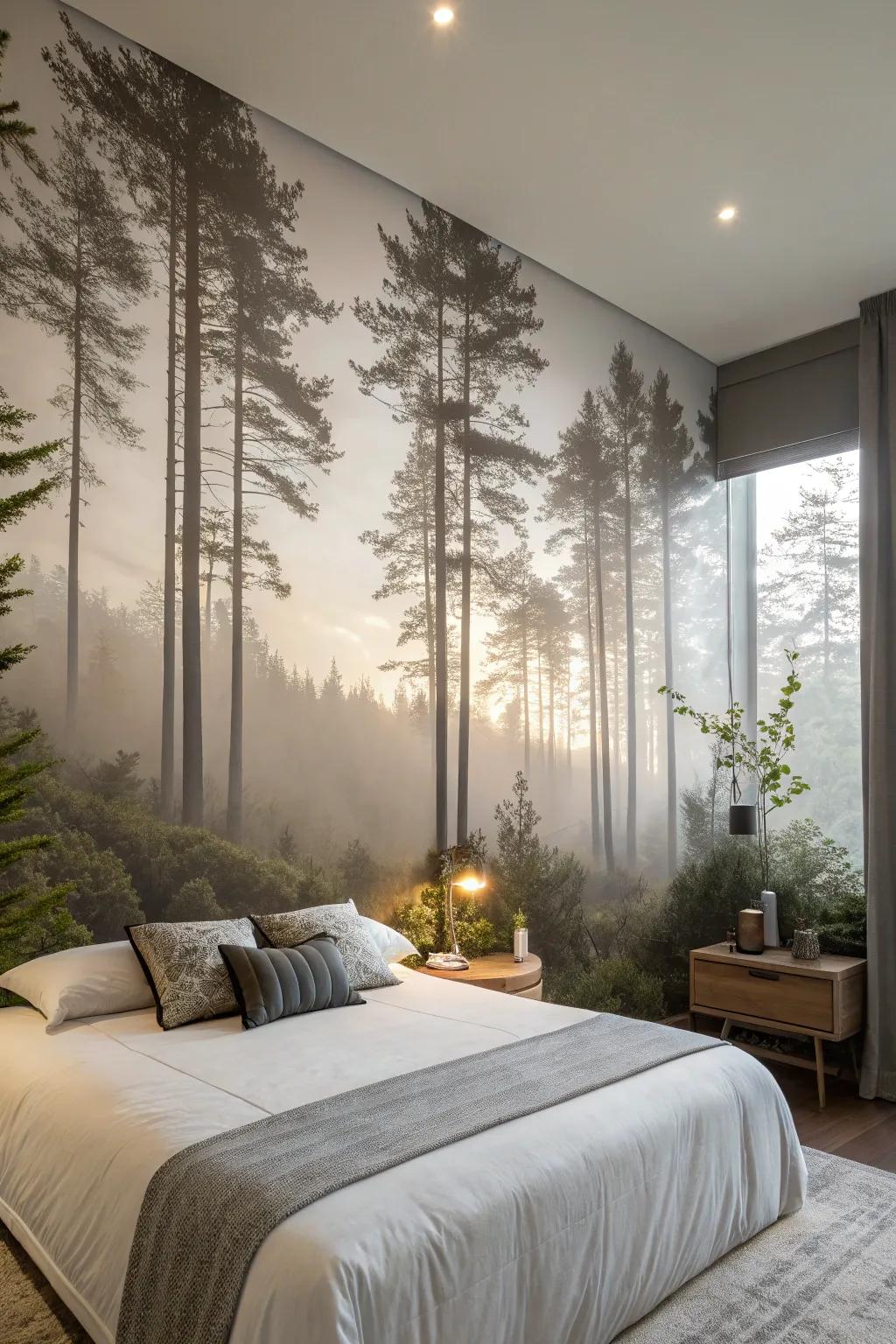 Transform your bedroom into a relaxing retreat with a forest wall mural.