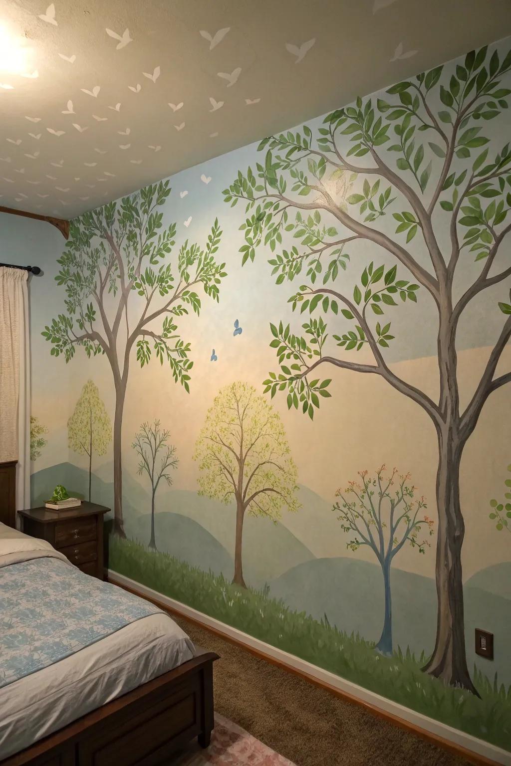 A soothing nature-inspired mural in a personal bedroom.