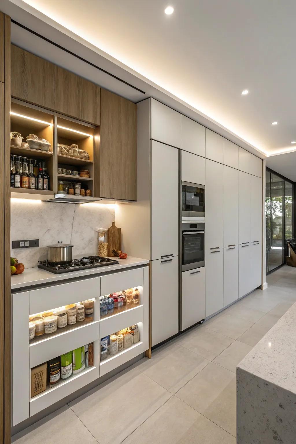 Built-in cupboards blending seamlessly with the kitchen design.