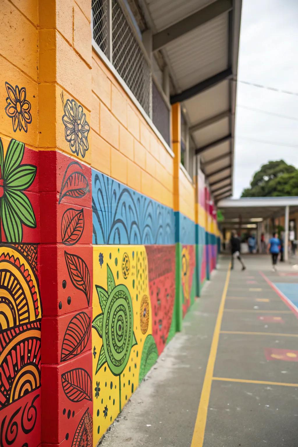 A school wall adorned with lively colors and designs