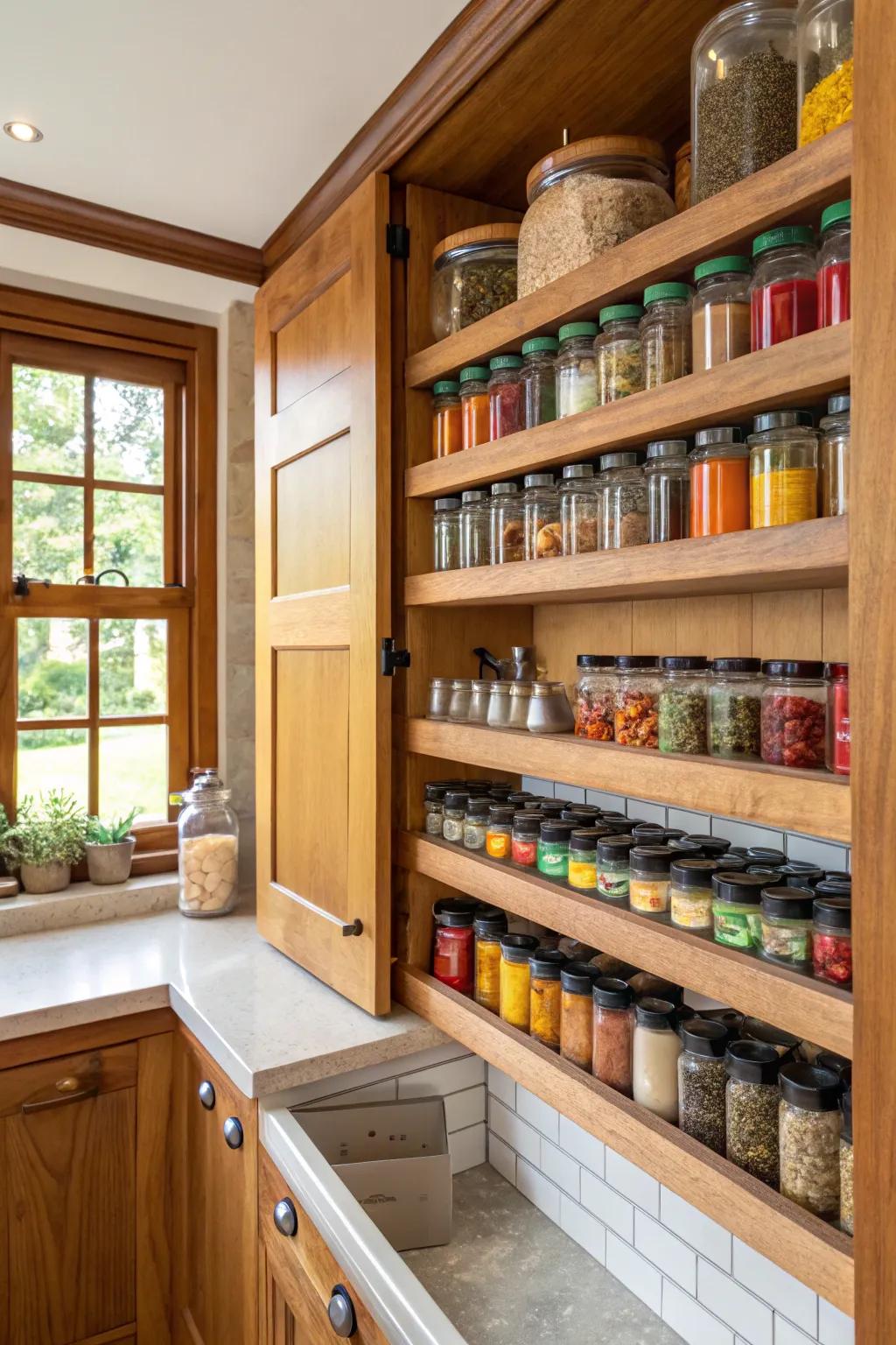 Uncovered shelving introduces a touch of countryside appeal to your spice arrangement.