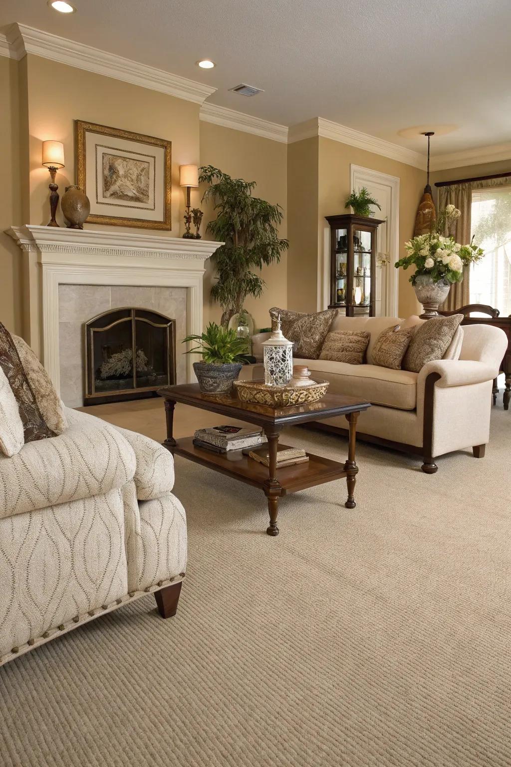 Neutral carpets foster a balanced and soothing atmosphere.