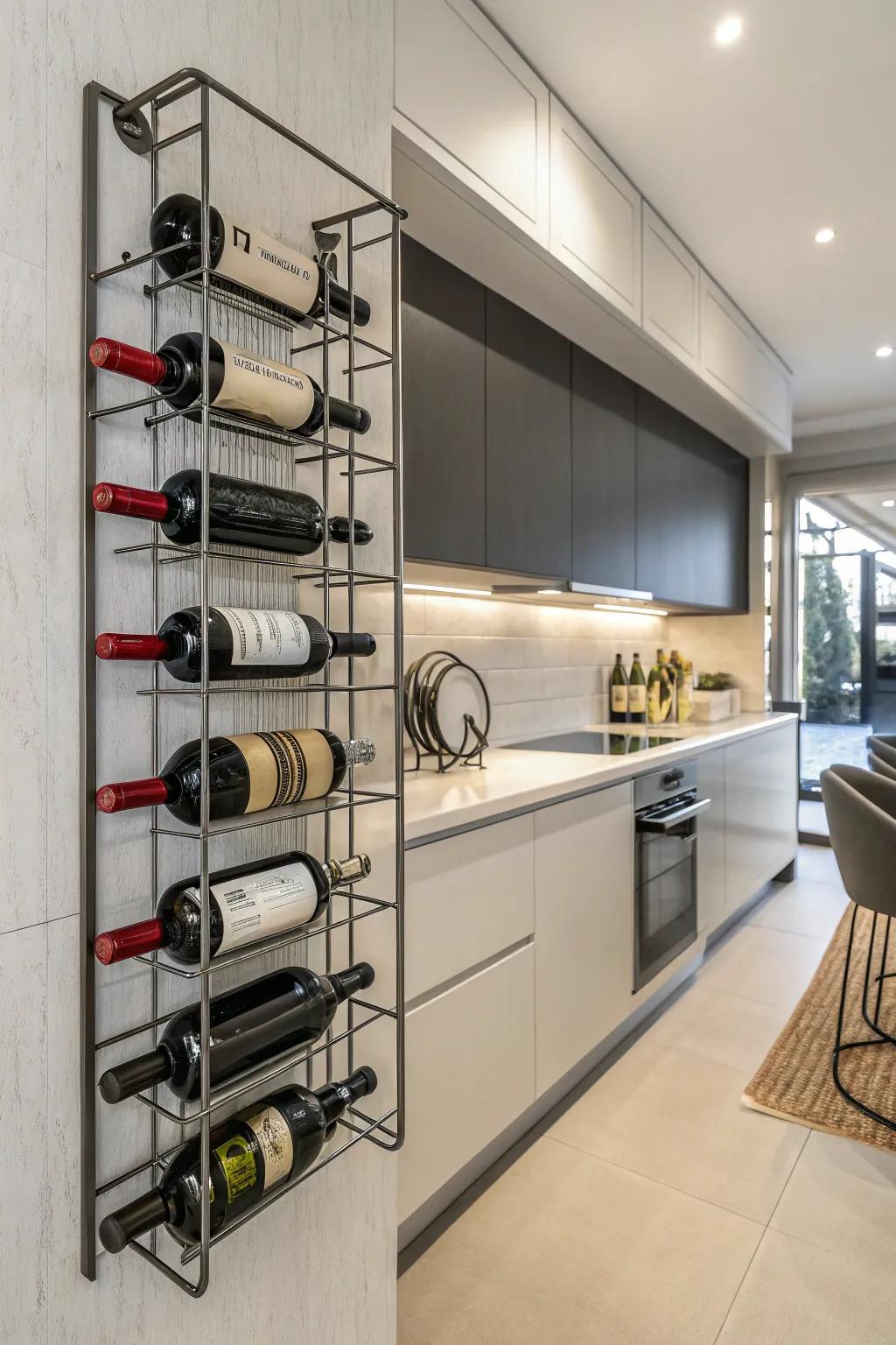 Metallic bottle fixtures give a streamlined touch to modern cooking areas.