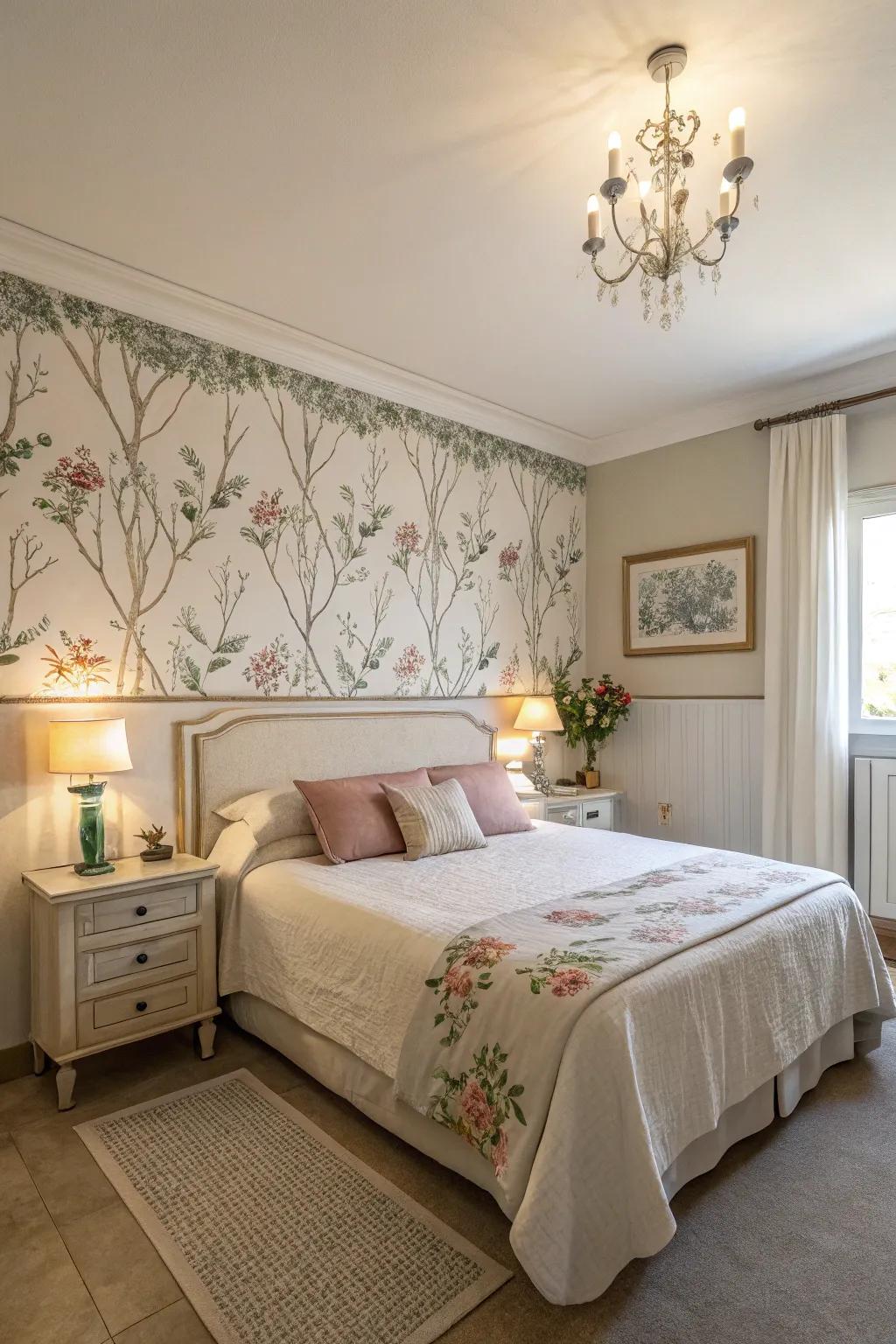 A serene bedroom enhanced by a blossom wallpaper edging.