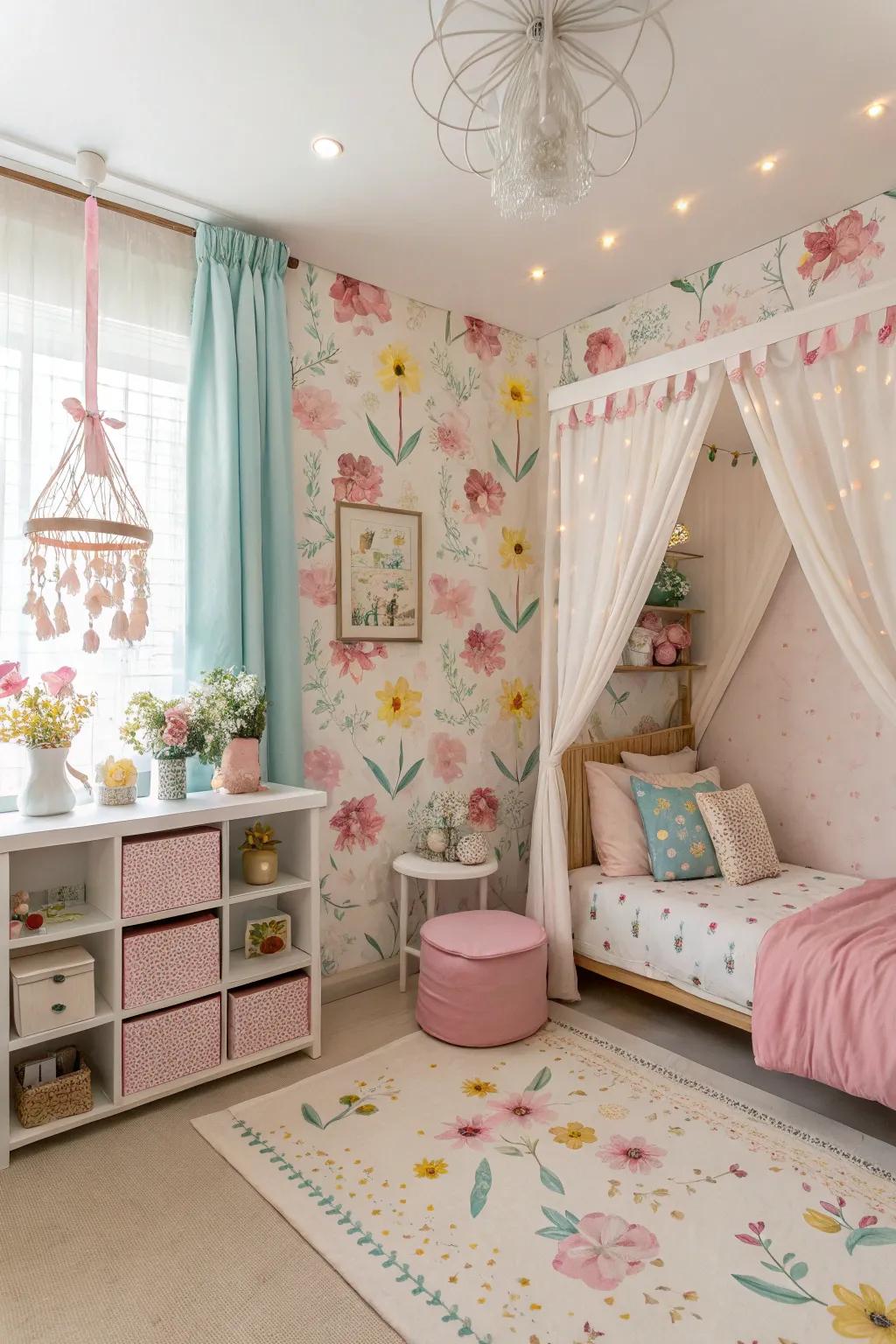 Floral designs contribute a refined and classic touch to a girl's bedroom.