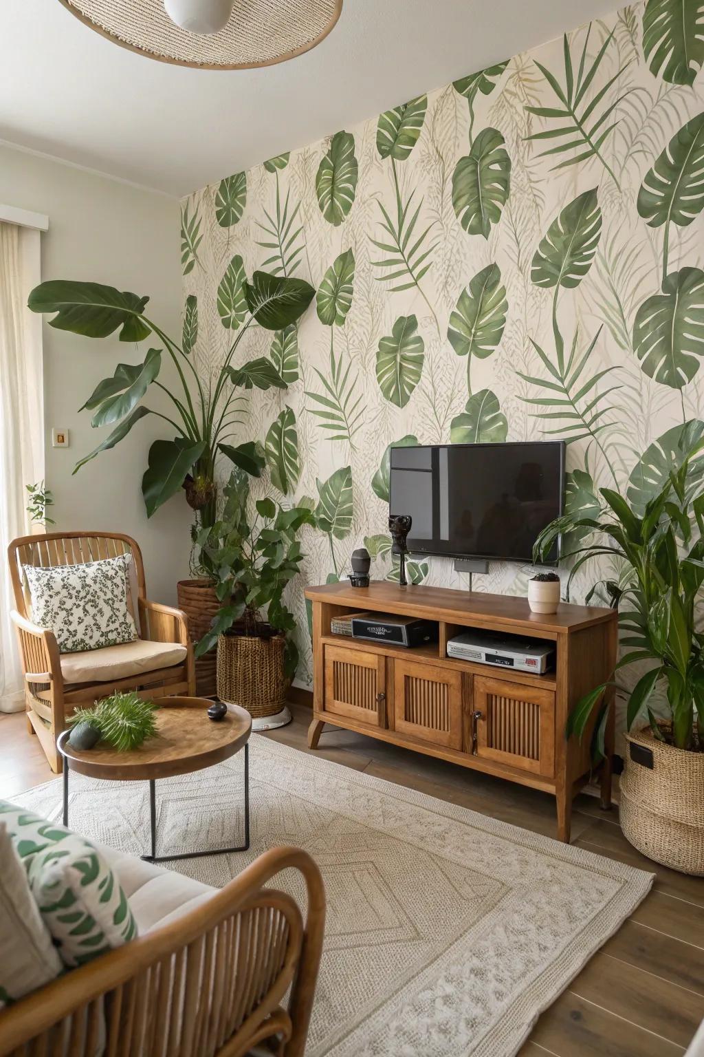 Celebrate nature's charm with botanical wallpaper to craft a refreshing living room atmosphere.