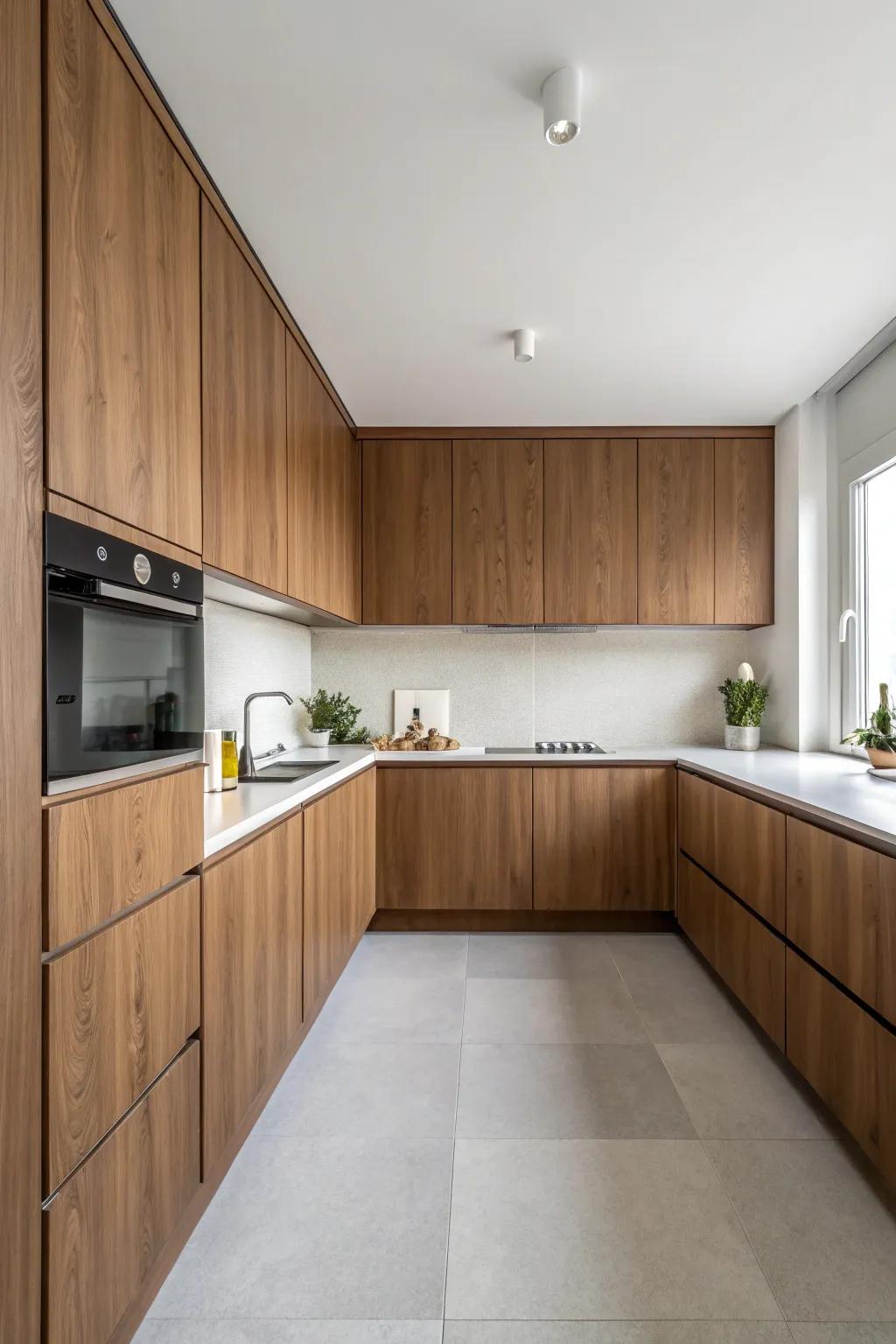 Minimalist hickory cabinets provide a streamlined and uncluttered appearance.