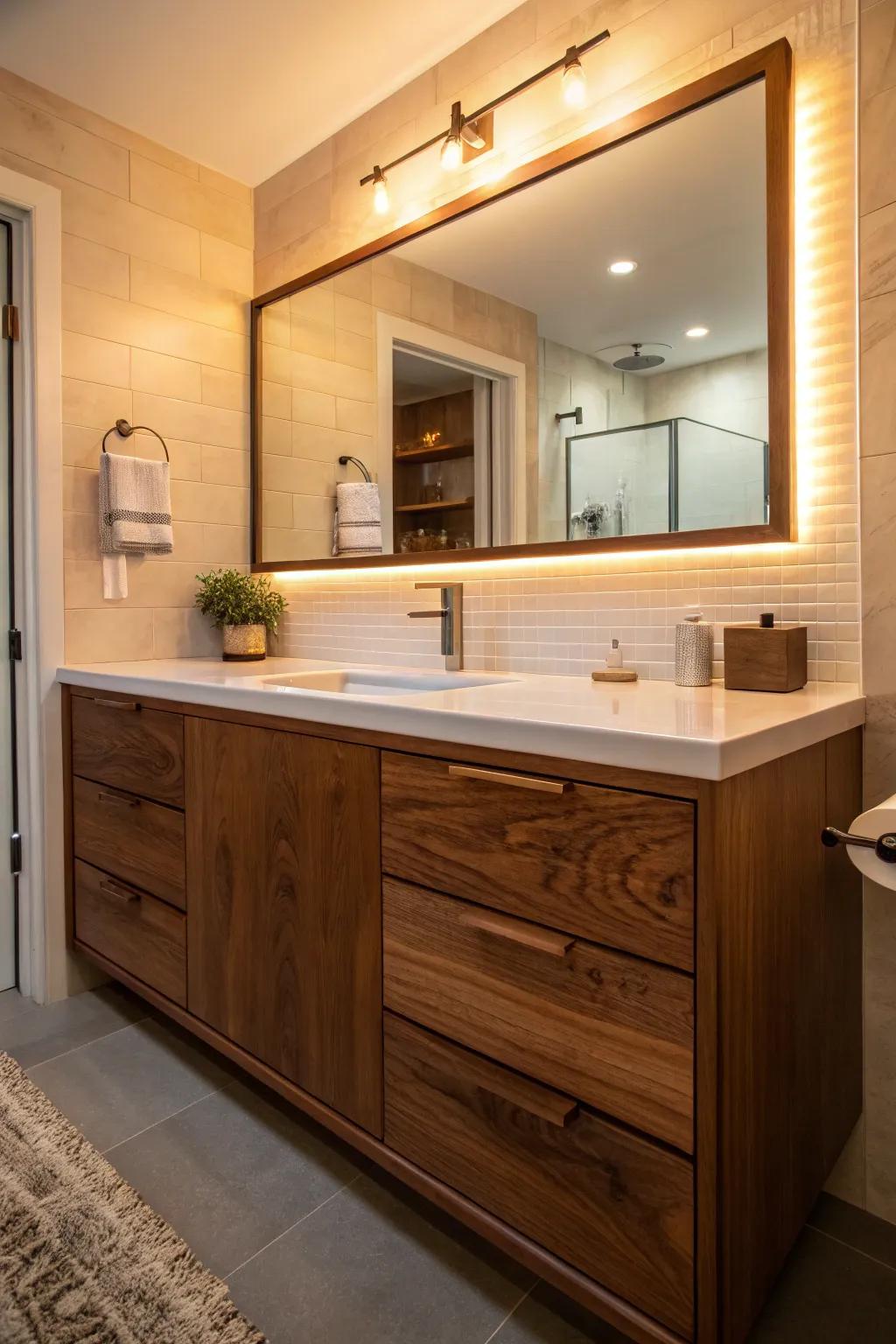 Pecan's lavish, unadulterated finish infuses warmth into any bathroom setting.
