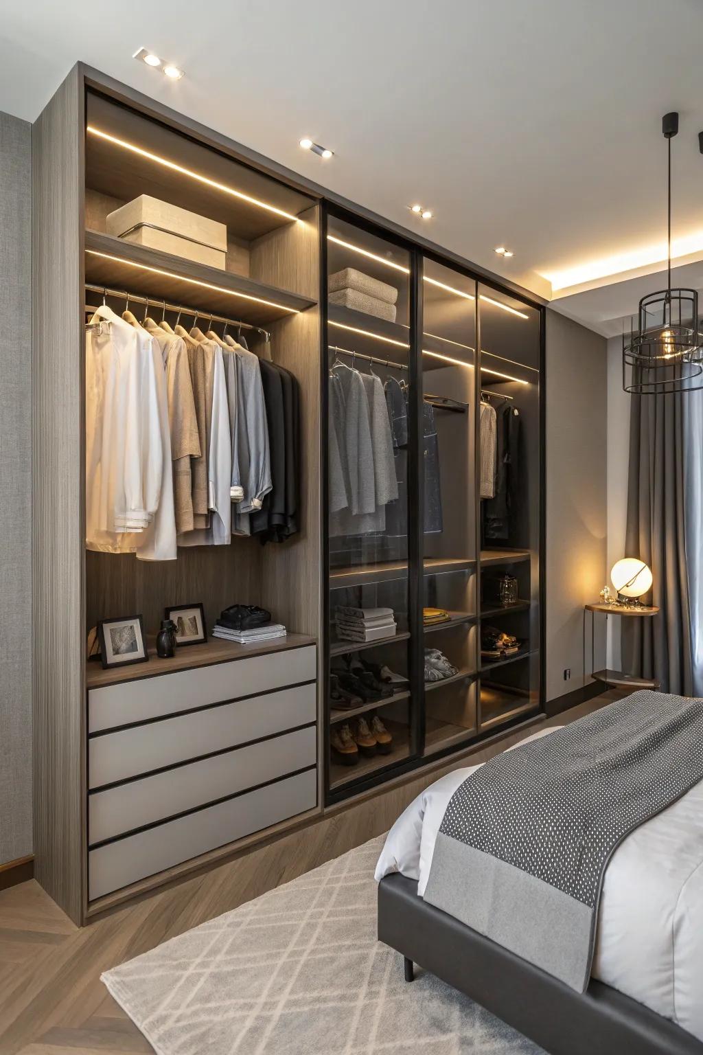 Exposed shelving paired with garment rods presents both convenience and elegance.