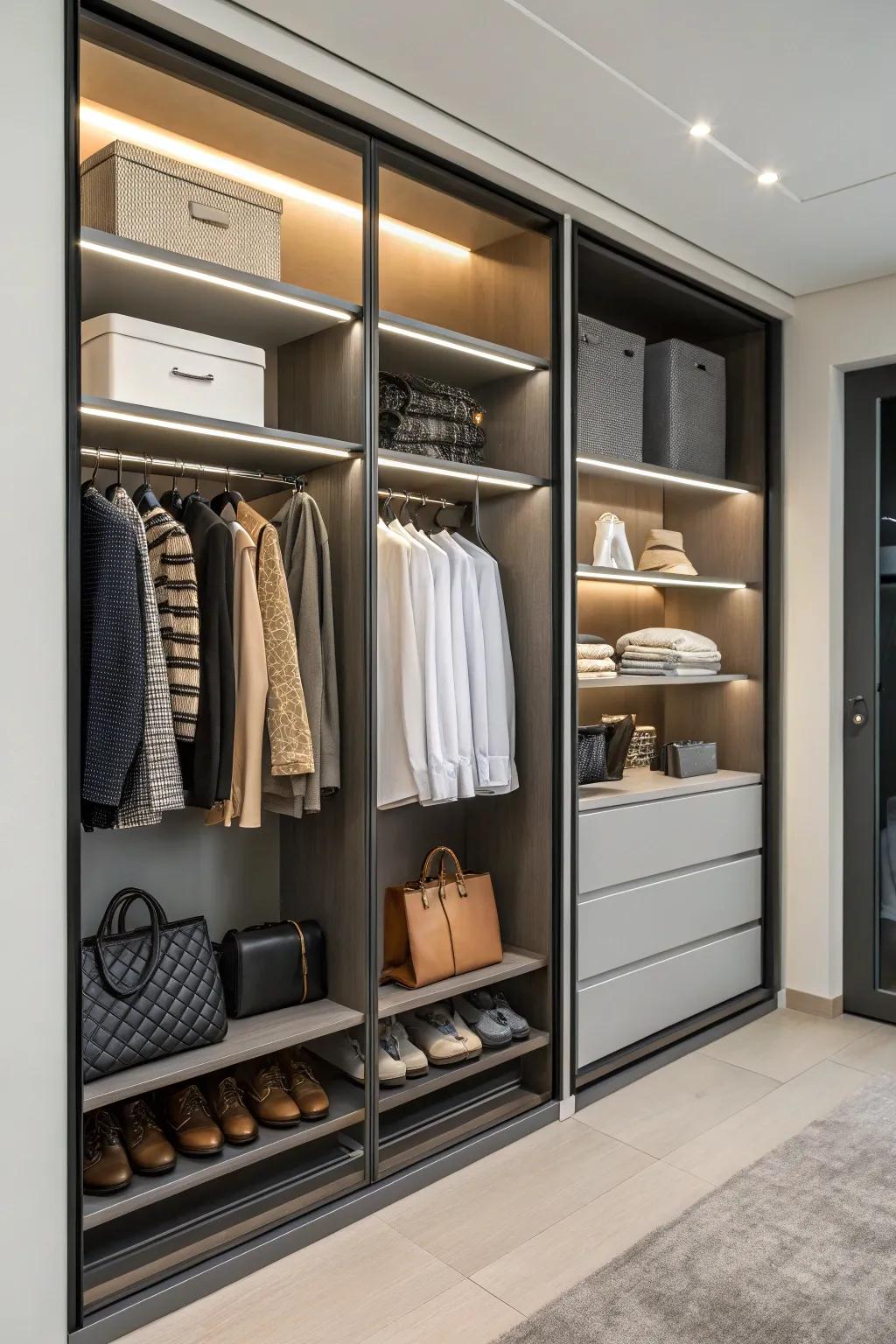 A closet featuring open shelving for ease of access and display.