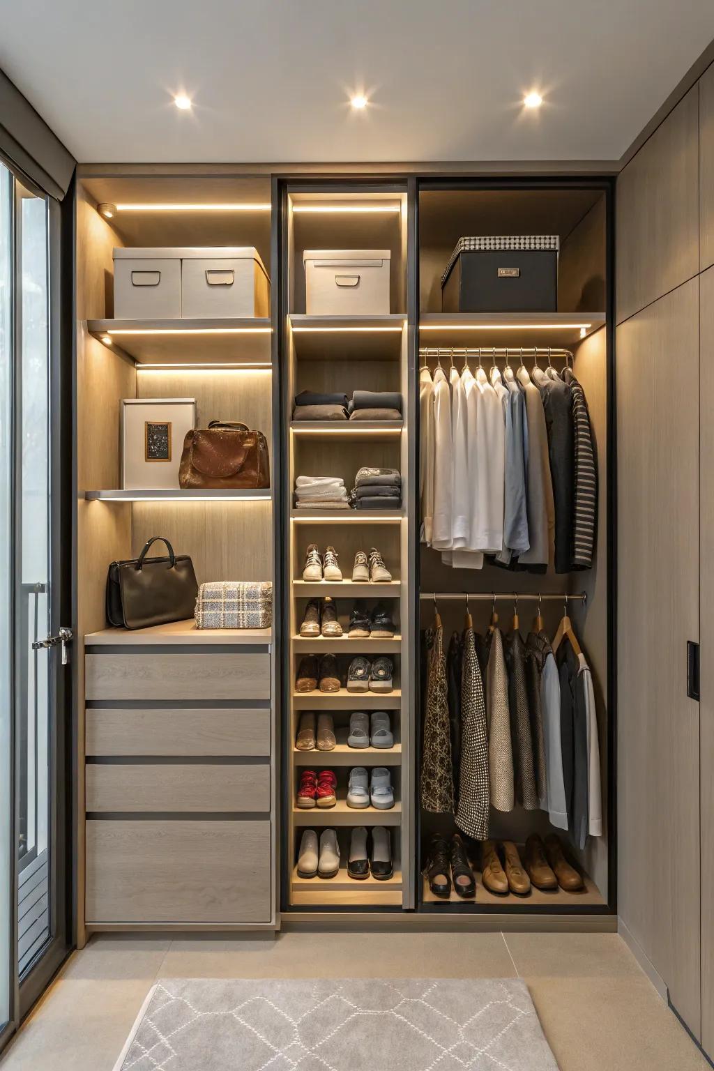 Adaptable customizable shelves create a dynamic wardrobe design.