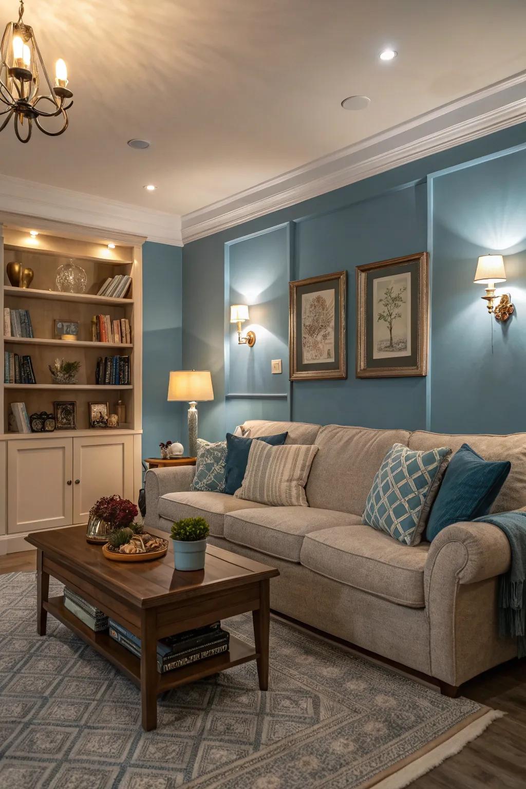 Transform your living room into a sanctuary with cozy cerulean walls.