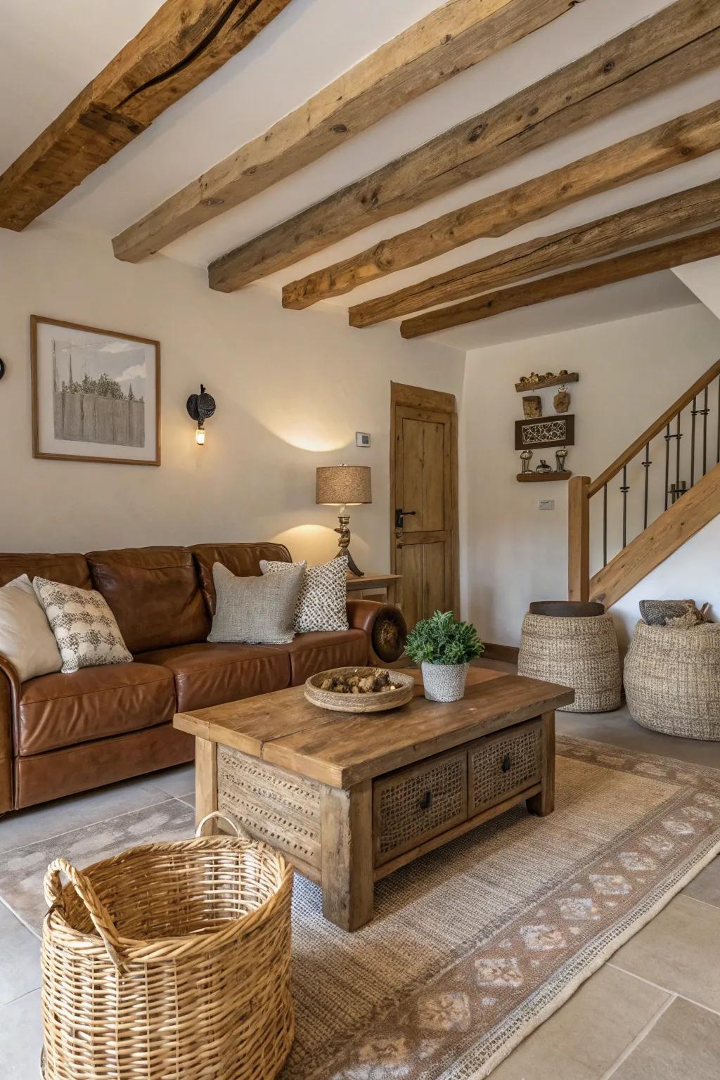 Naked wooden supports give a rustic flavor to a modern room.