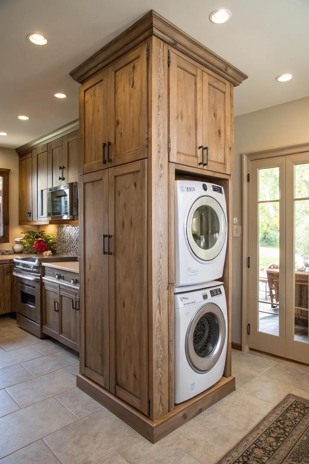 A concealed washer and dryer behind cabinet doors create the illusion of a pantry.