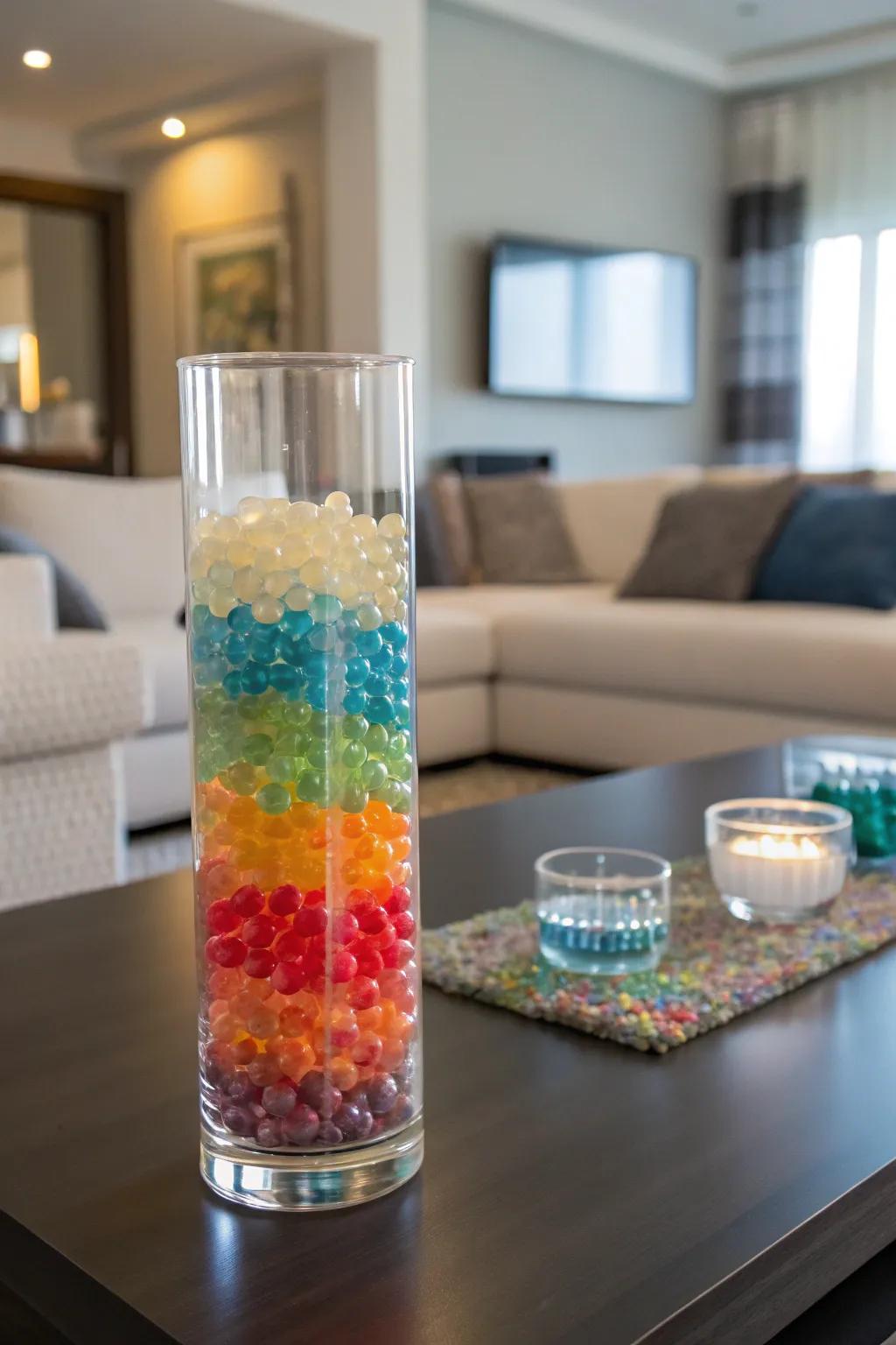 Layered hued water beads enrich the visual appeal of any area.