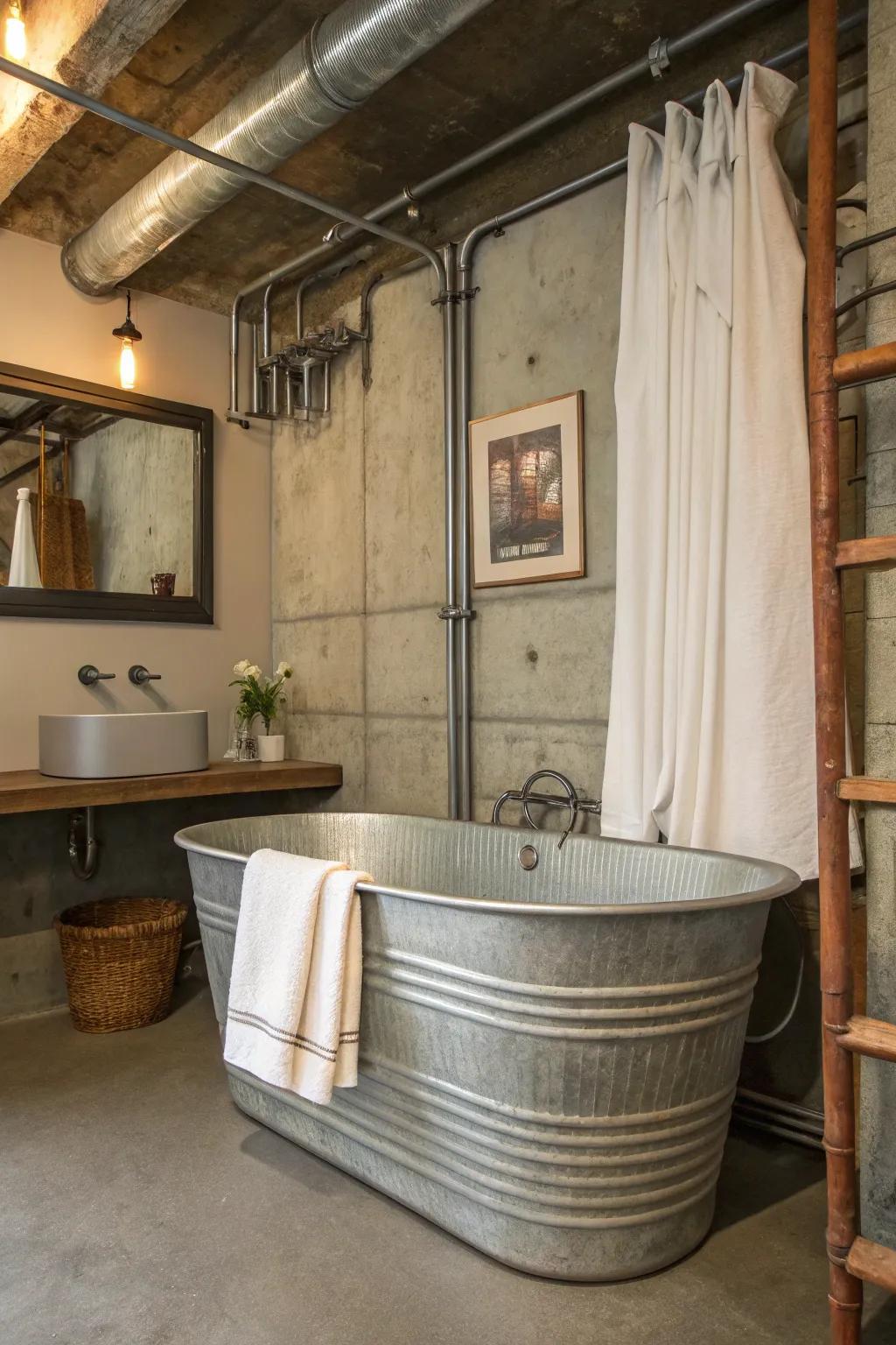 Galvanized metal finds comfort in this fashionable bathroom arrangement.