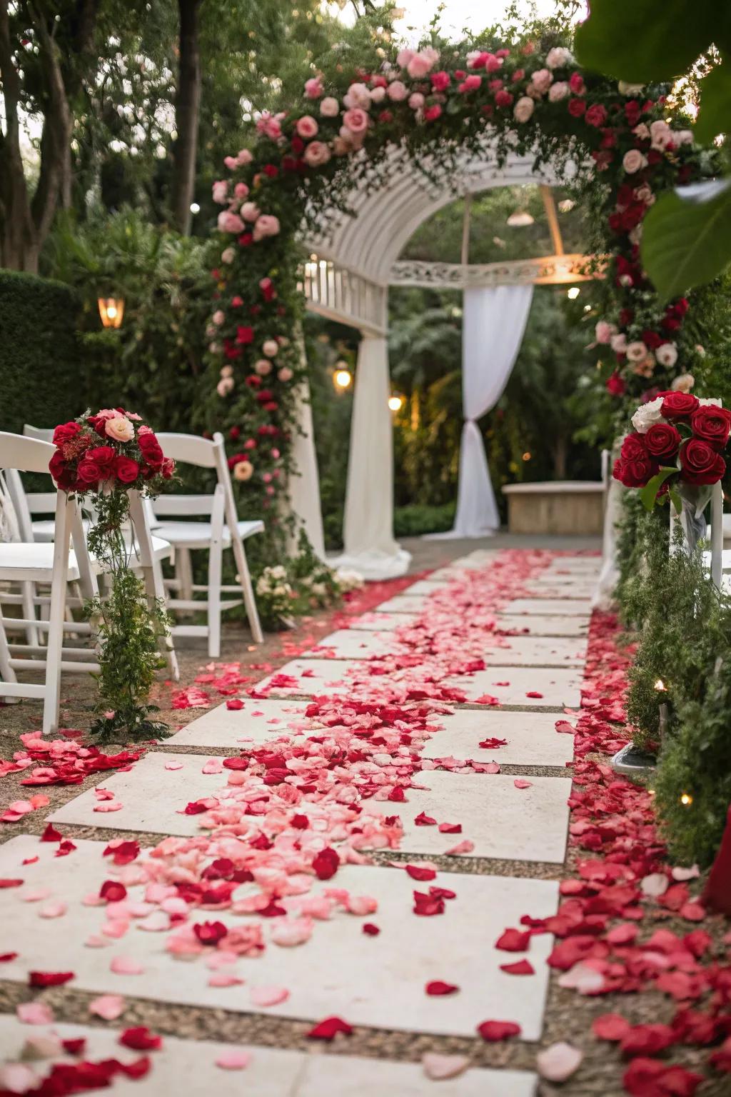 An enchantingly romantic aisle graced with vibrant petals for an unforgettable walk.