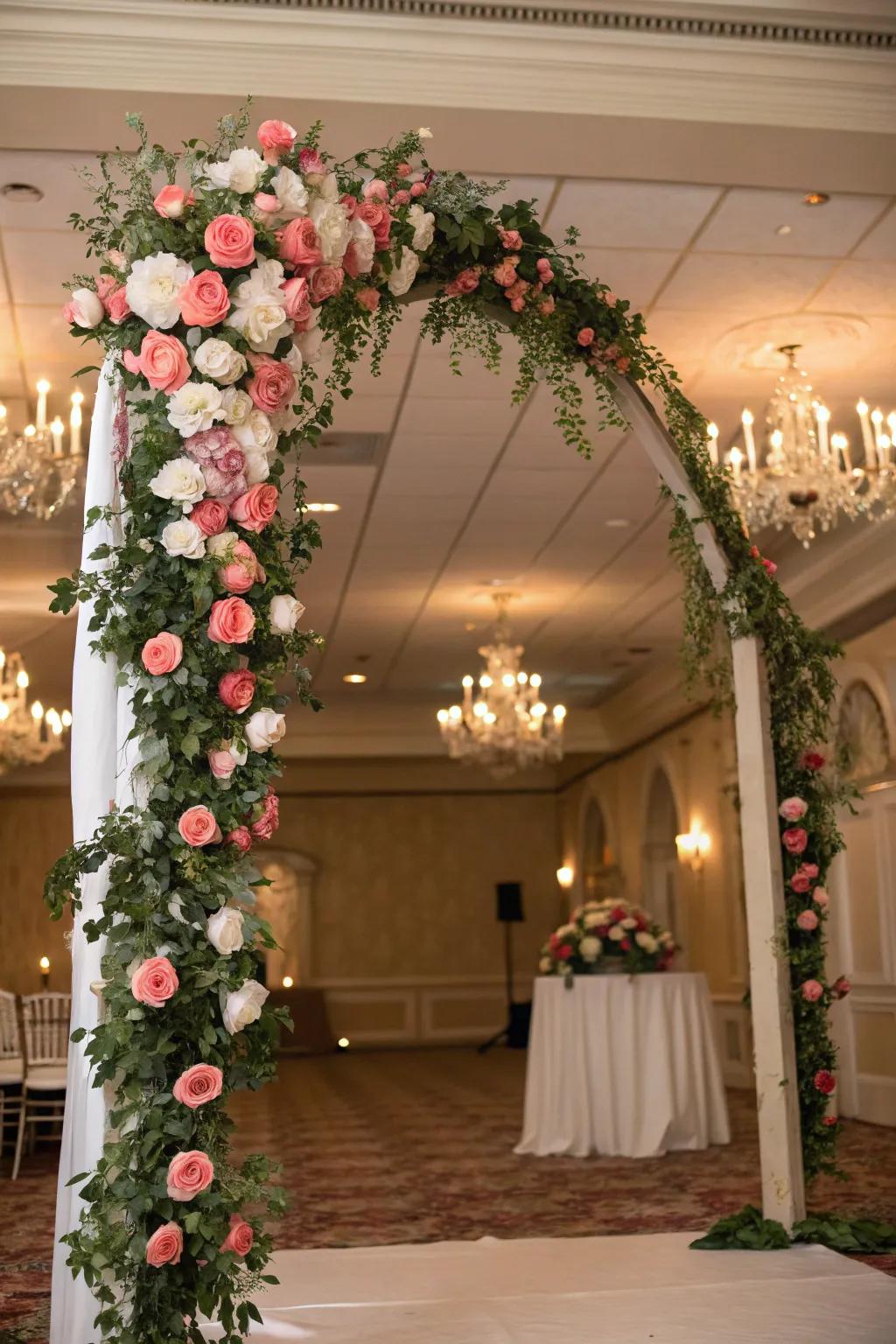 An abundant floral display with cascading blossoms on an indoor wedding arch.
