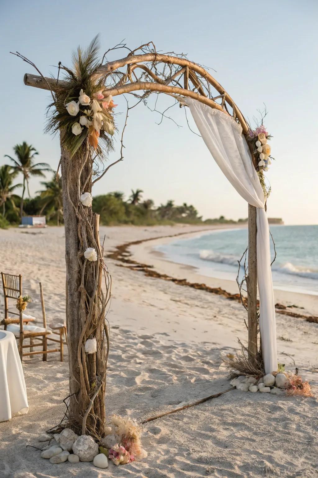 A charming shoreline wedding arch decorated with seashells and weathered wood.
