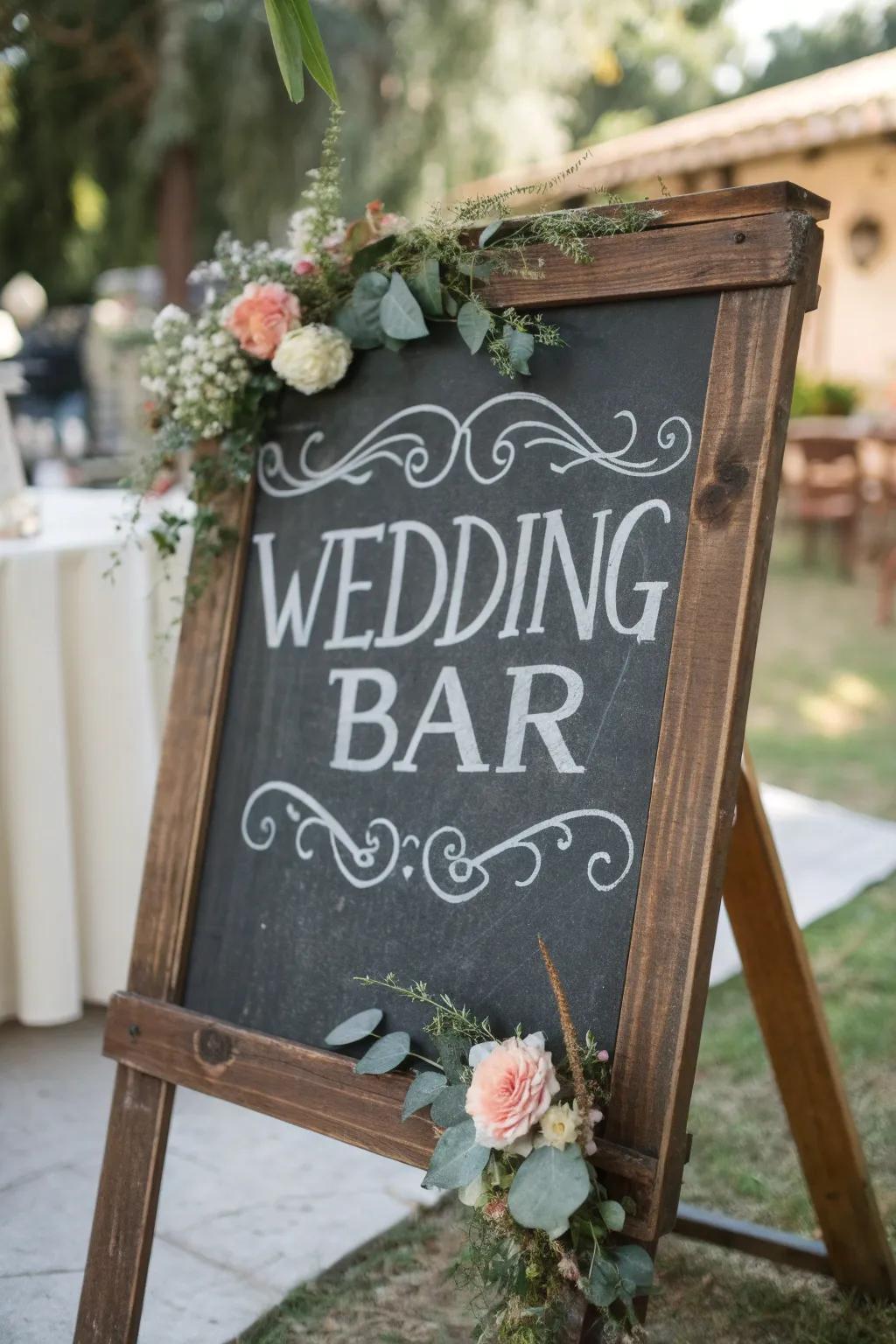 A captivating slateboard bar sign with playful text and floral accents.