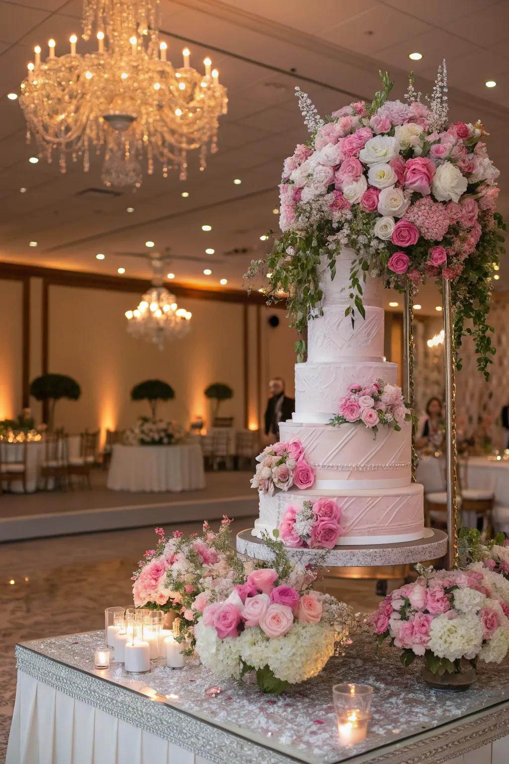 A wedding cake display embraced by flourishing floral decorations.