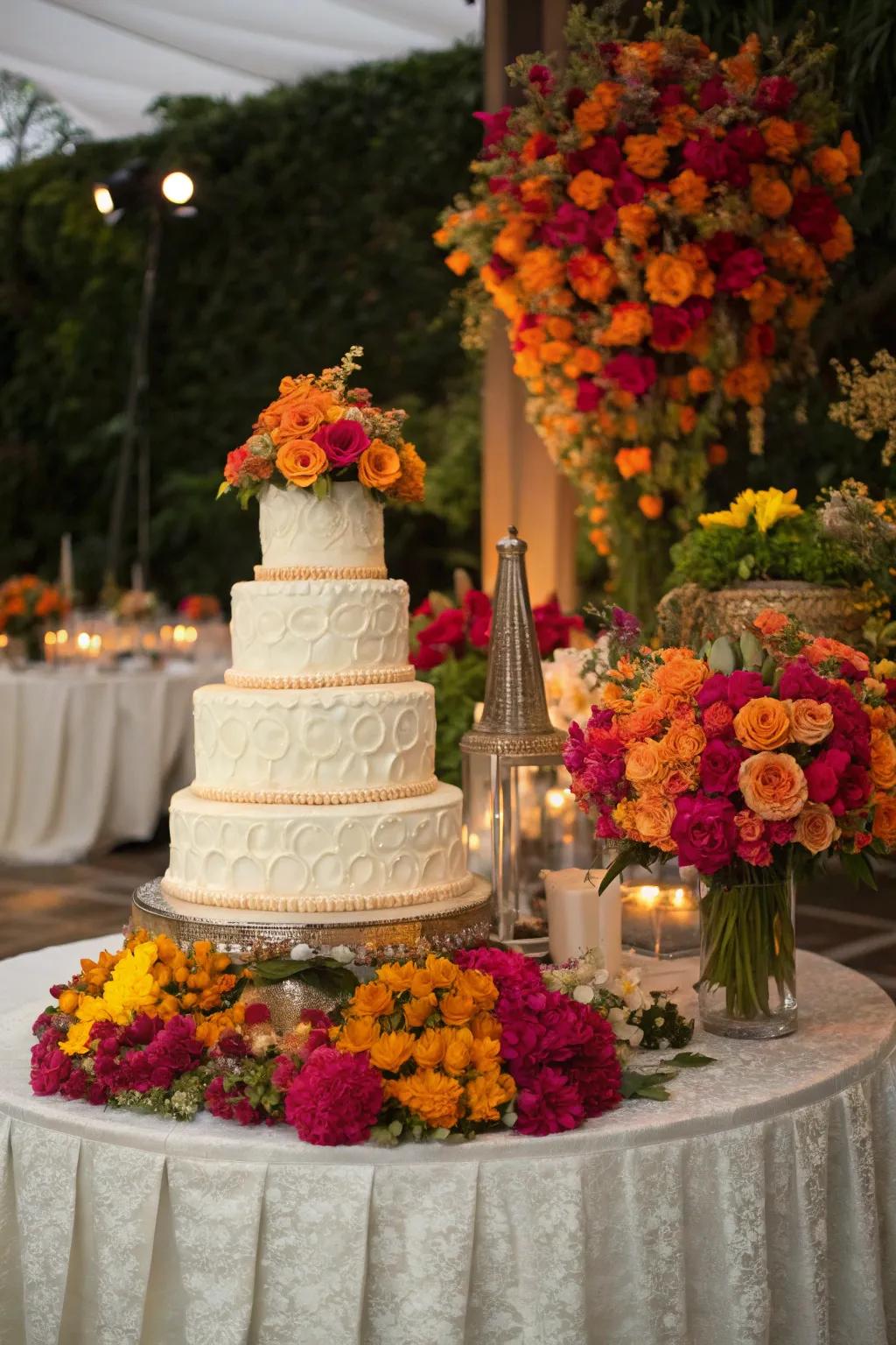 A cake table elegantly draped with a generous floral exhibition.
