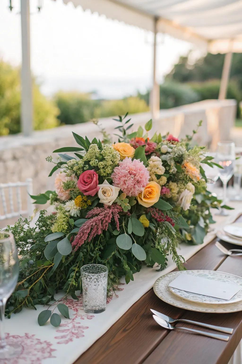 A wedding table showcasing a luxuriant floral centerpiece, evoking the charm of a flourishing garden.