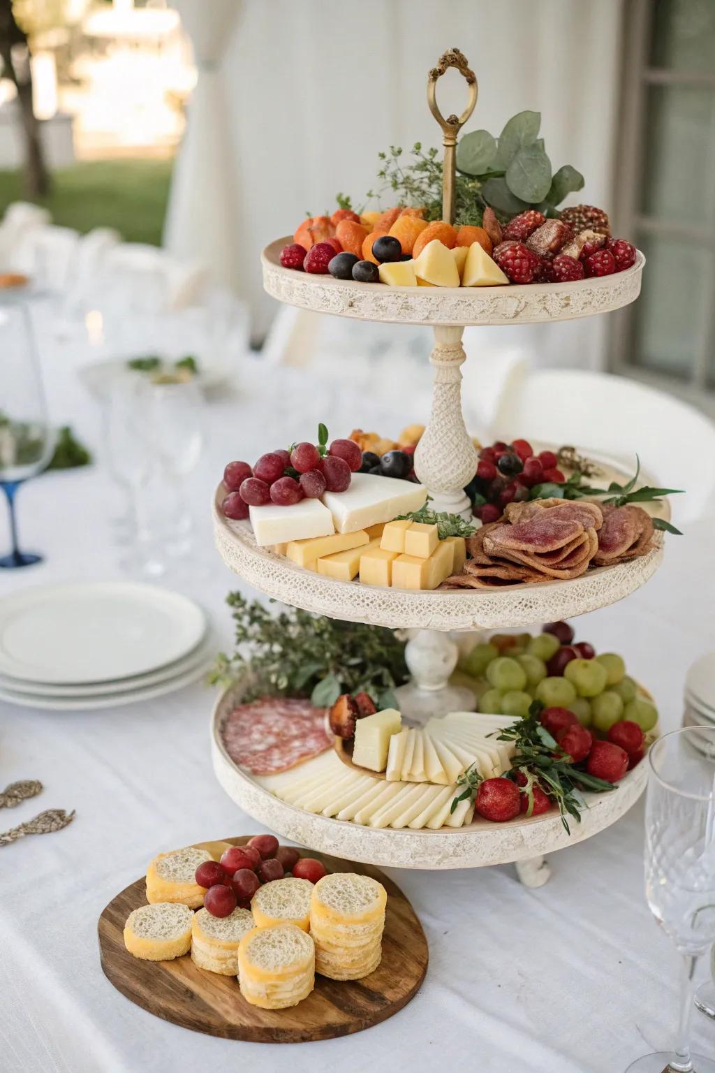 A tiered charcuterie display enhances the elegance of any wedding.