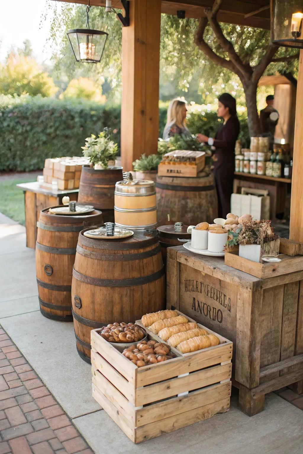 A woodsy wedding coffee bar featuring wooden barrels and vintage crates.