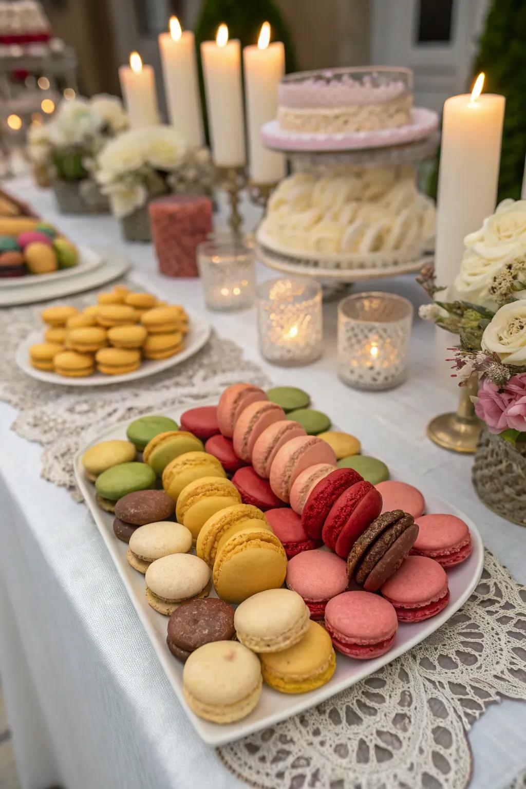 A wedding cookie display showcasing a variety of cookies in different forms and flavors.