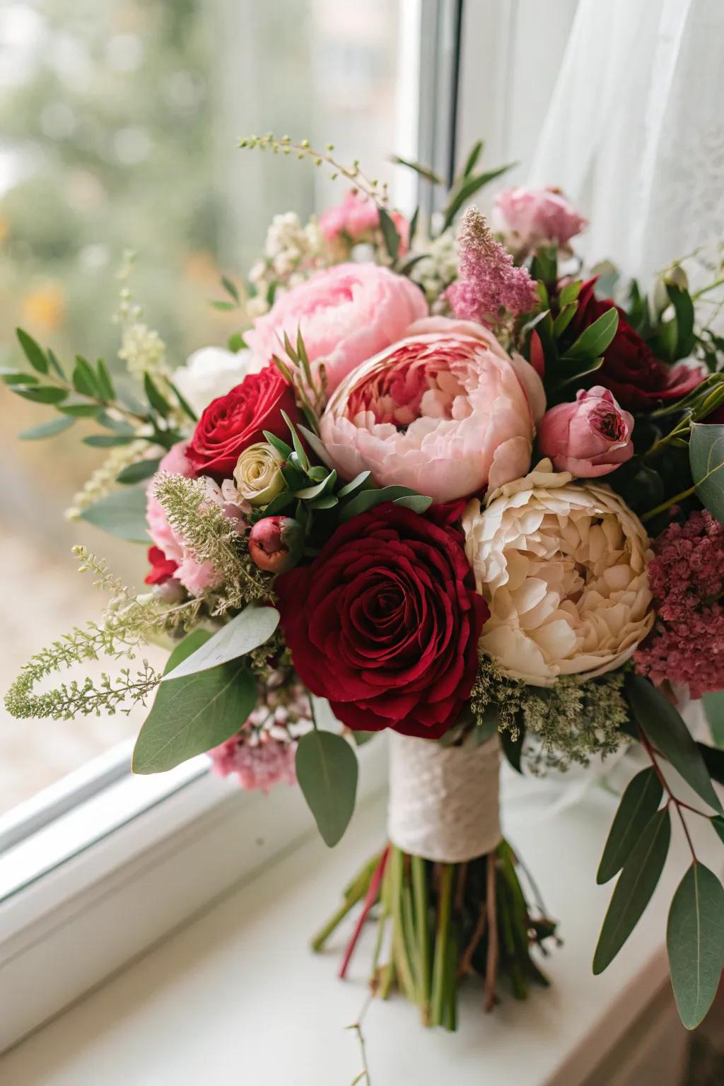 A detailed shot of a bridal bouquet showcasing roses, peonies, and abundant green accents.