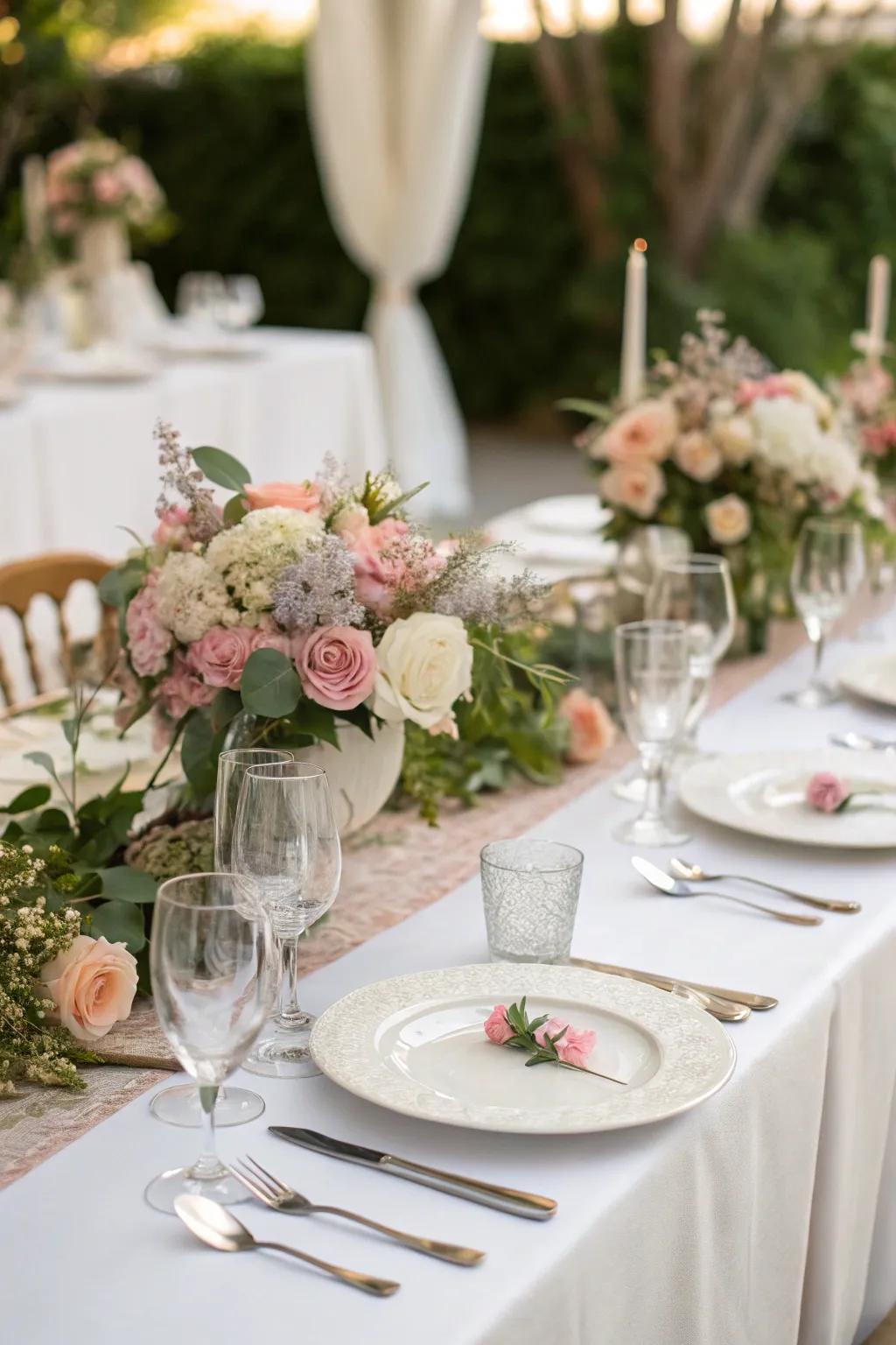 A wedding table beautifully adorned with vibrant floral arrangements and elegant tableware.