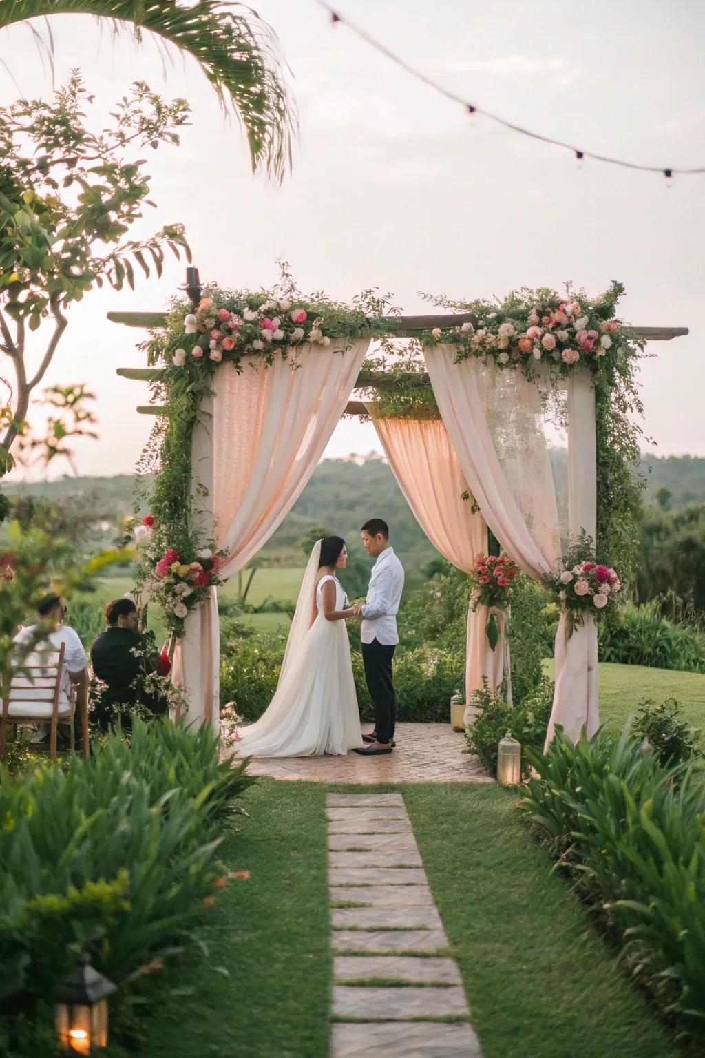 Design an enchanted garden wedding with draperies that complement nature’s beauty.