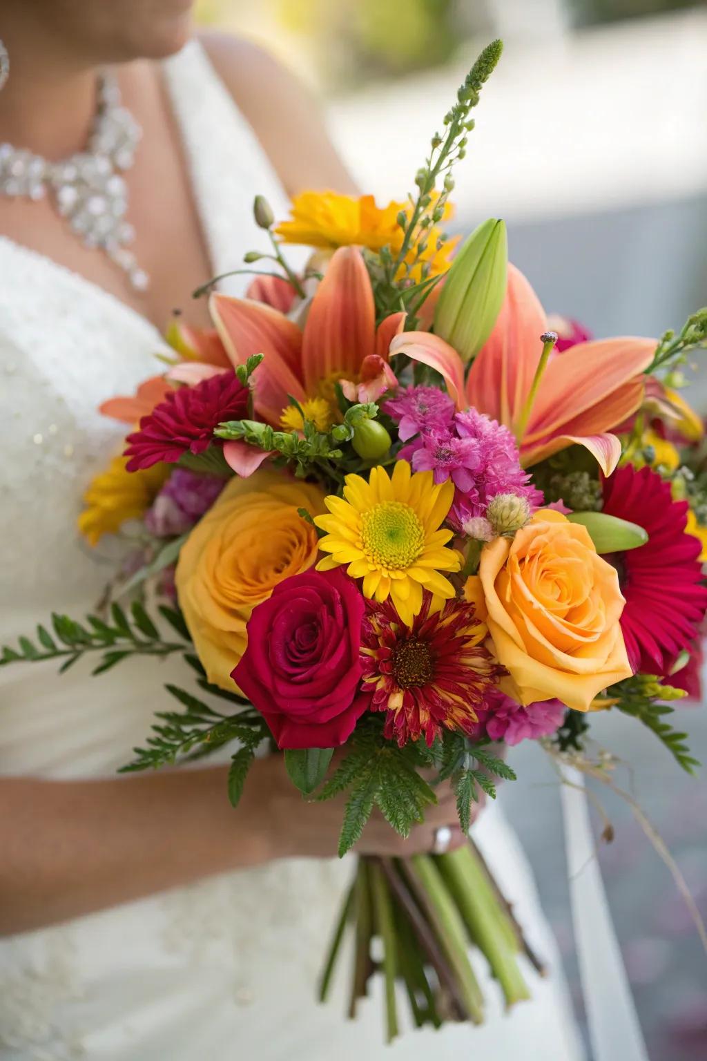 A stunning bridal bouquet showcasing a delightful blend of seasonal flowers, ideal for any radiant bride.