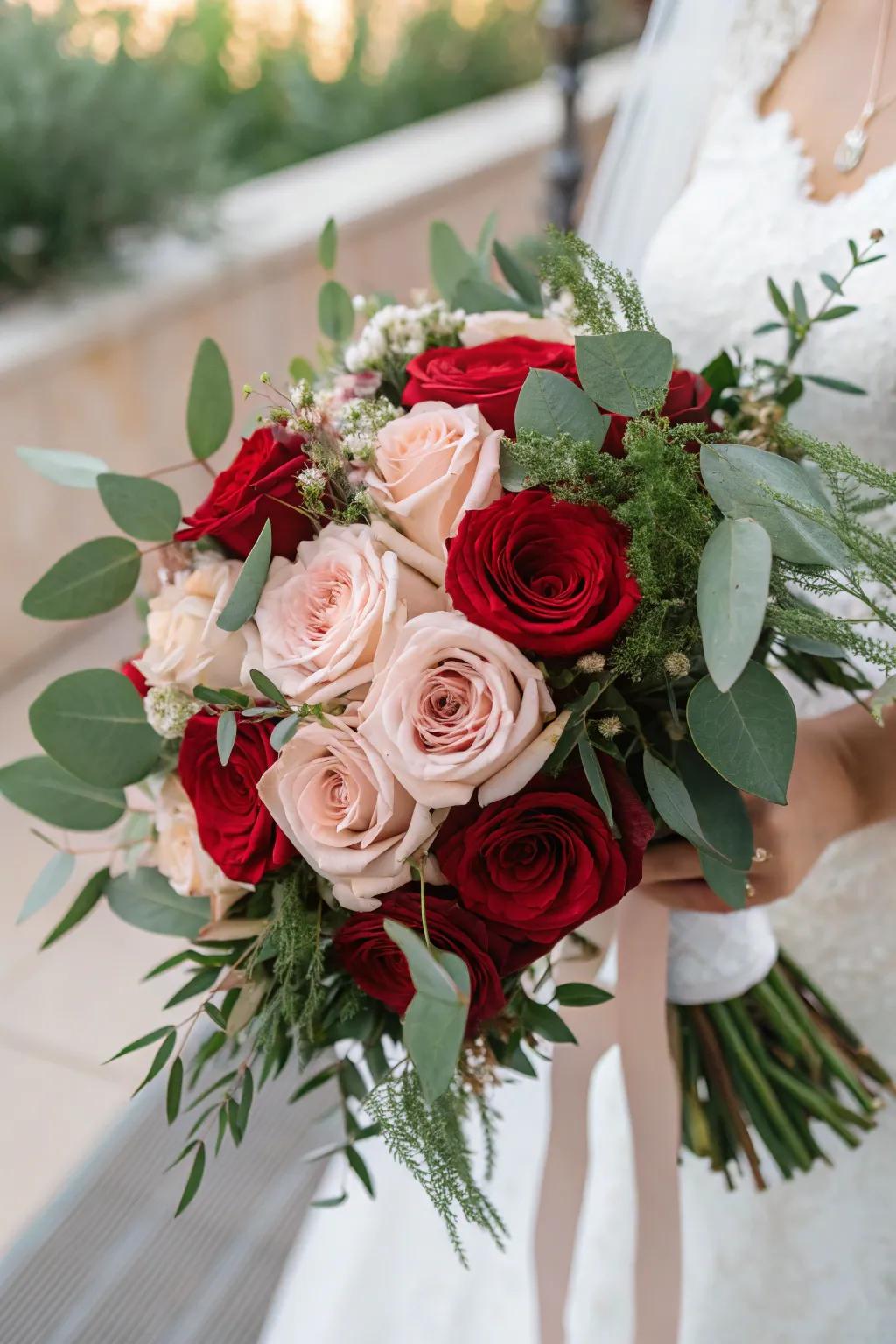 A timeless rose bridal bouquet in scarlet and pale tones.