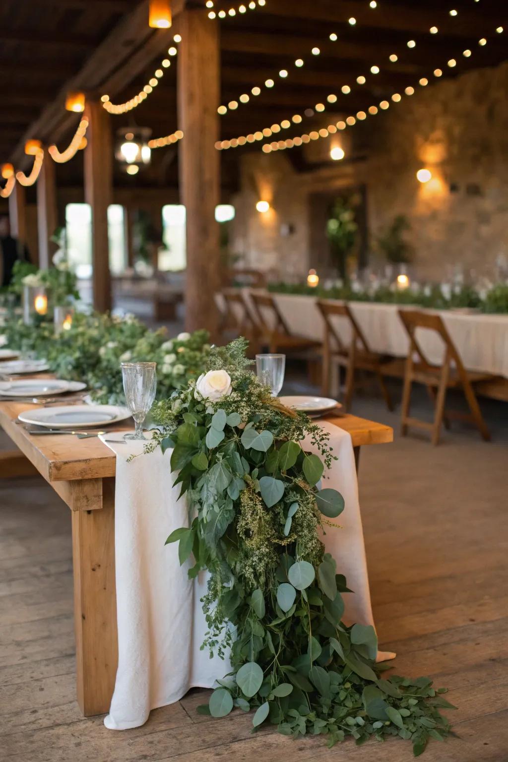 A wedding head table ornamented with a verdant garland.