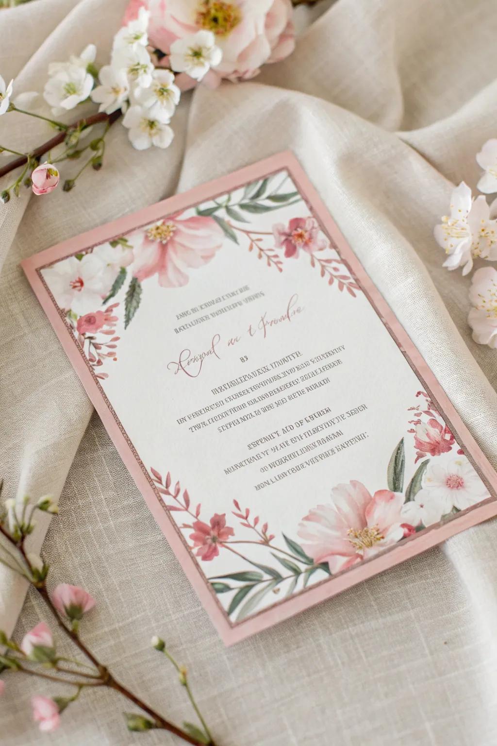 Announcement featuring an exquisite botanical border set against a backdrop of fine linen.