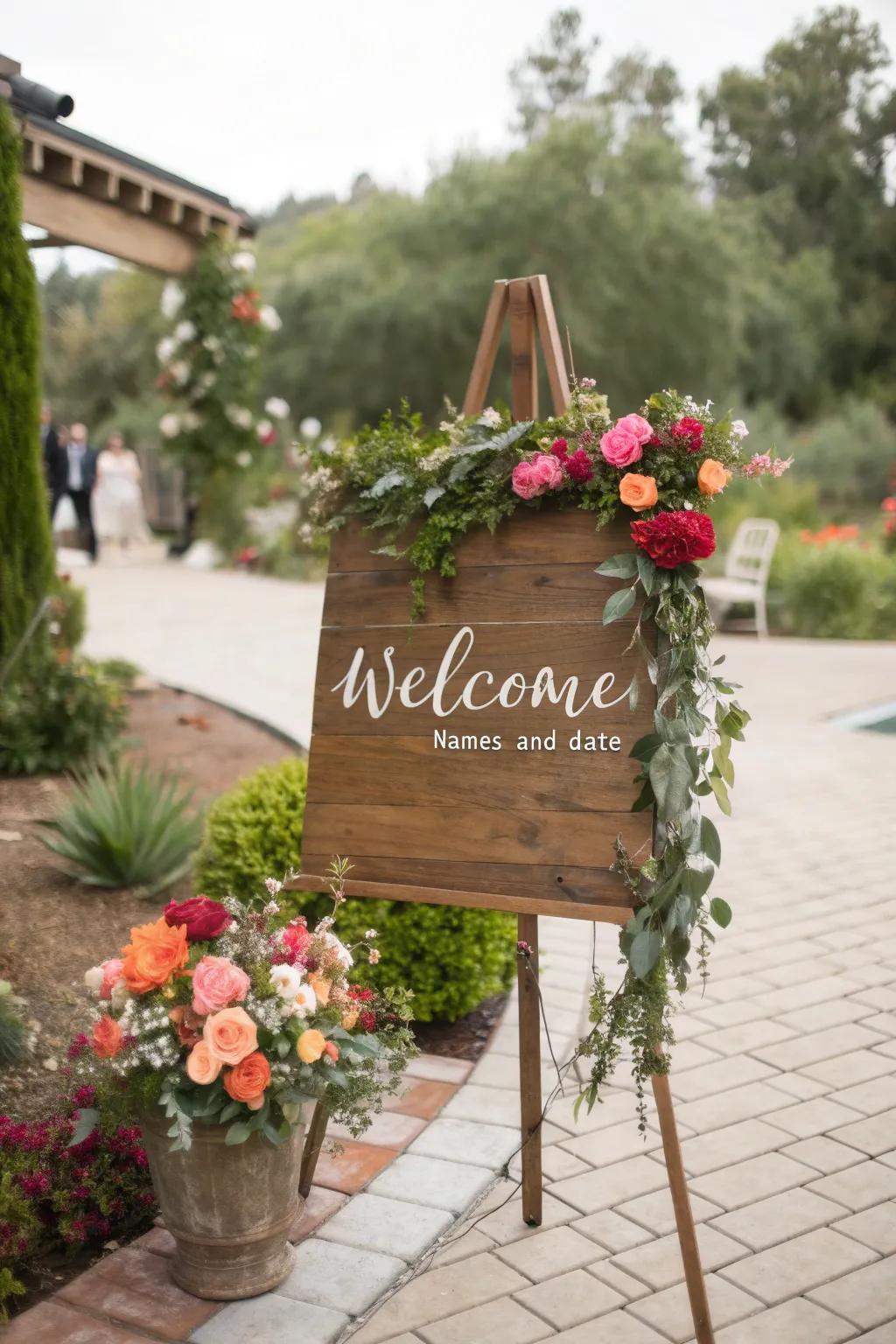 A country-style greeting display establishes an inviting and cozy ambiance for your wedding.