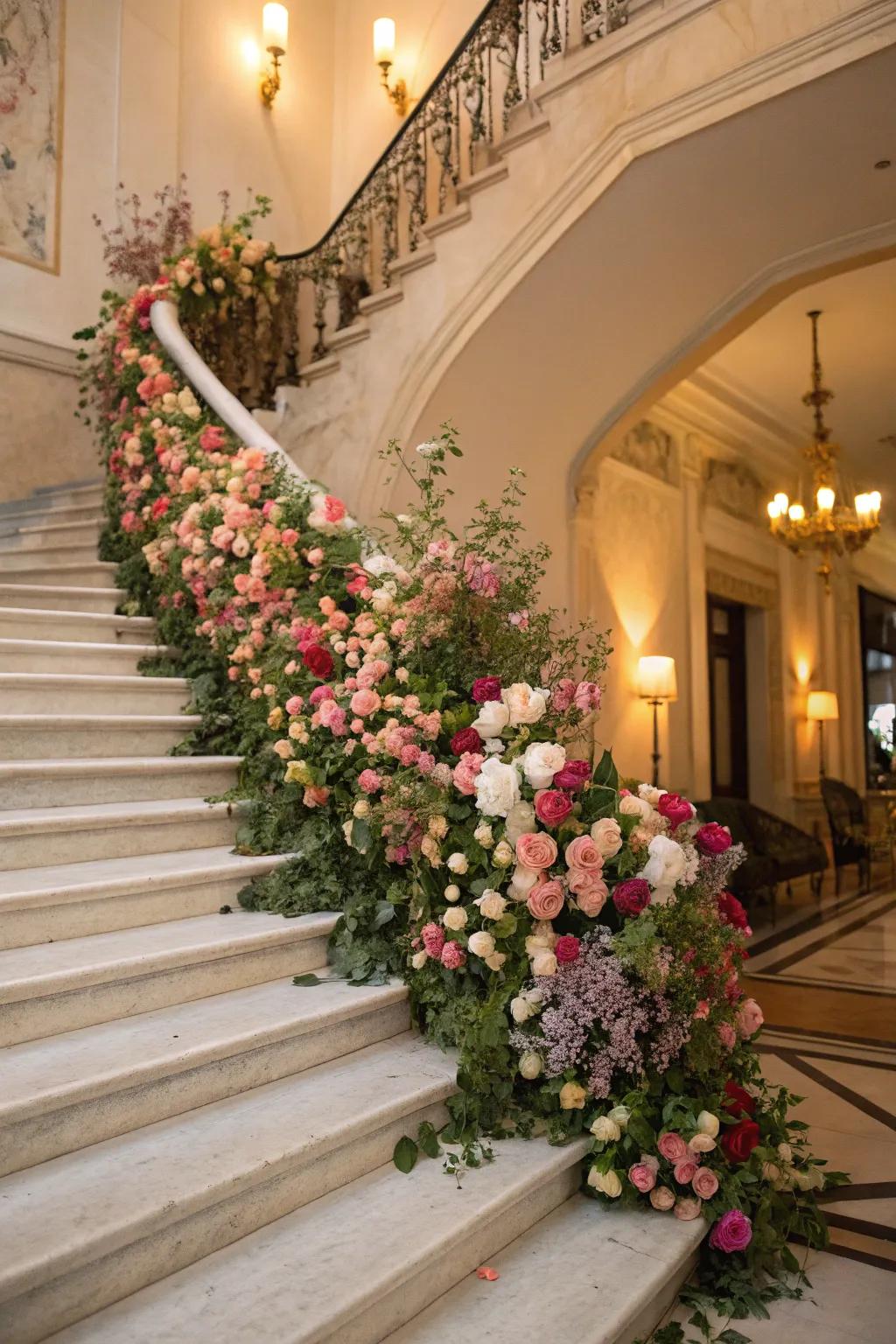 A staircase reimagined as a floral paradise with seasonal blooms.