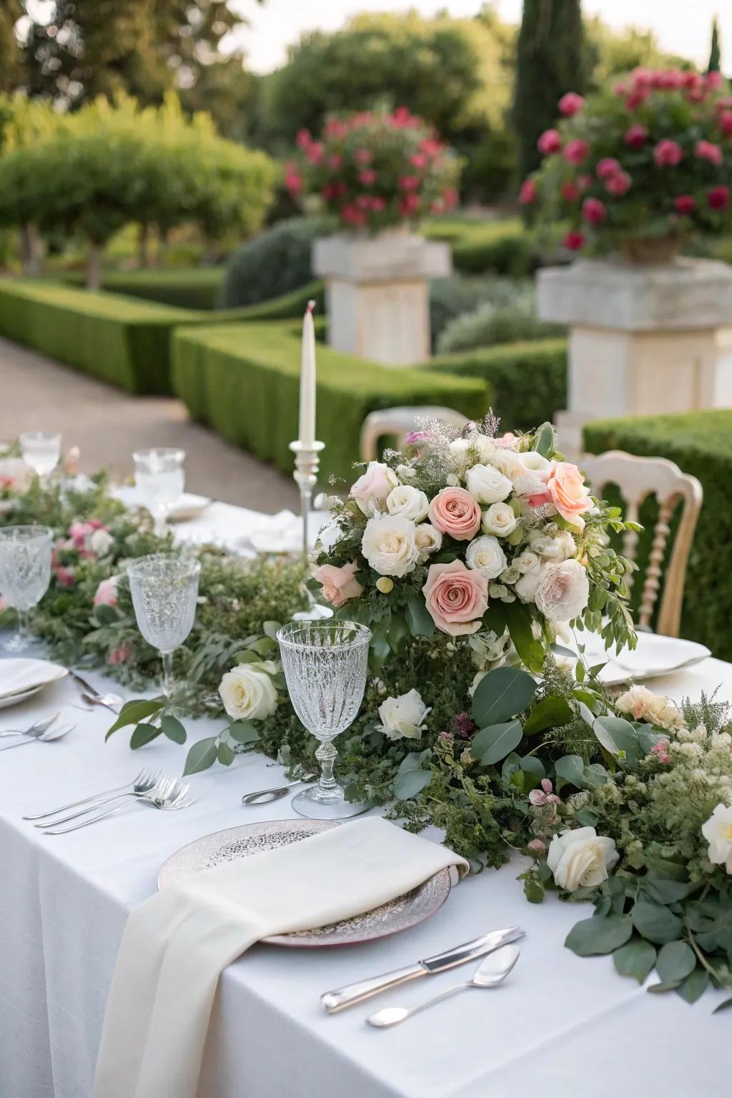 Abundant flower arrangements featuring roses and verdant foliage for a profoundly romantic atmosphere.