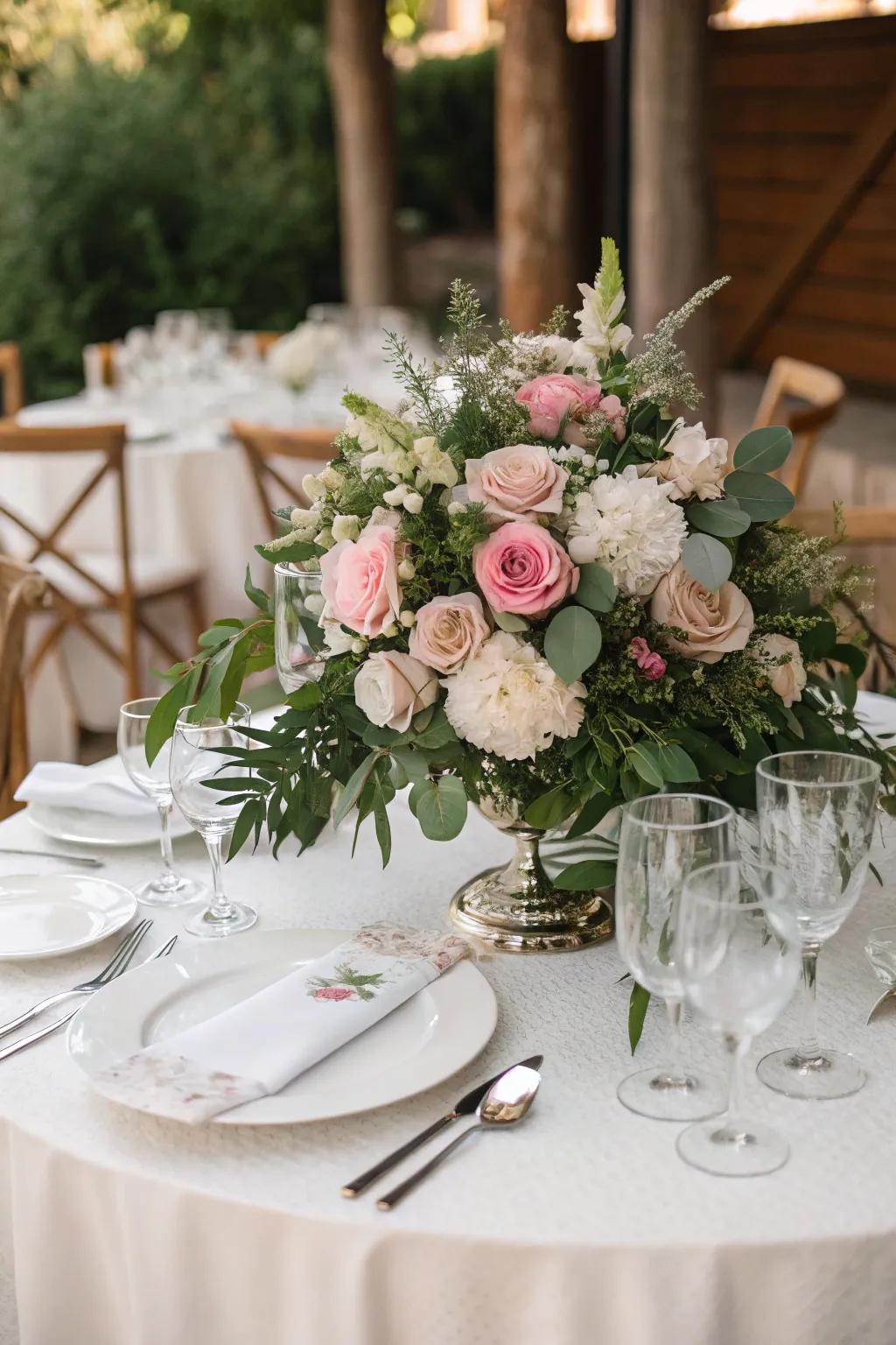 A lavish floral centerpiece animating the wedding table