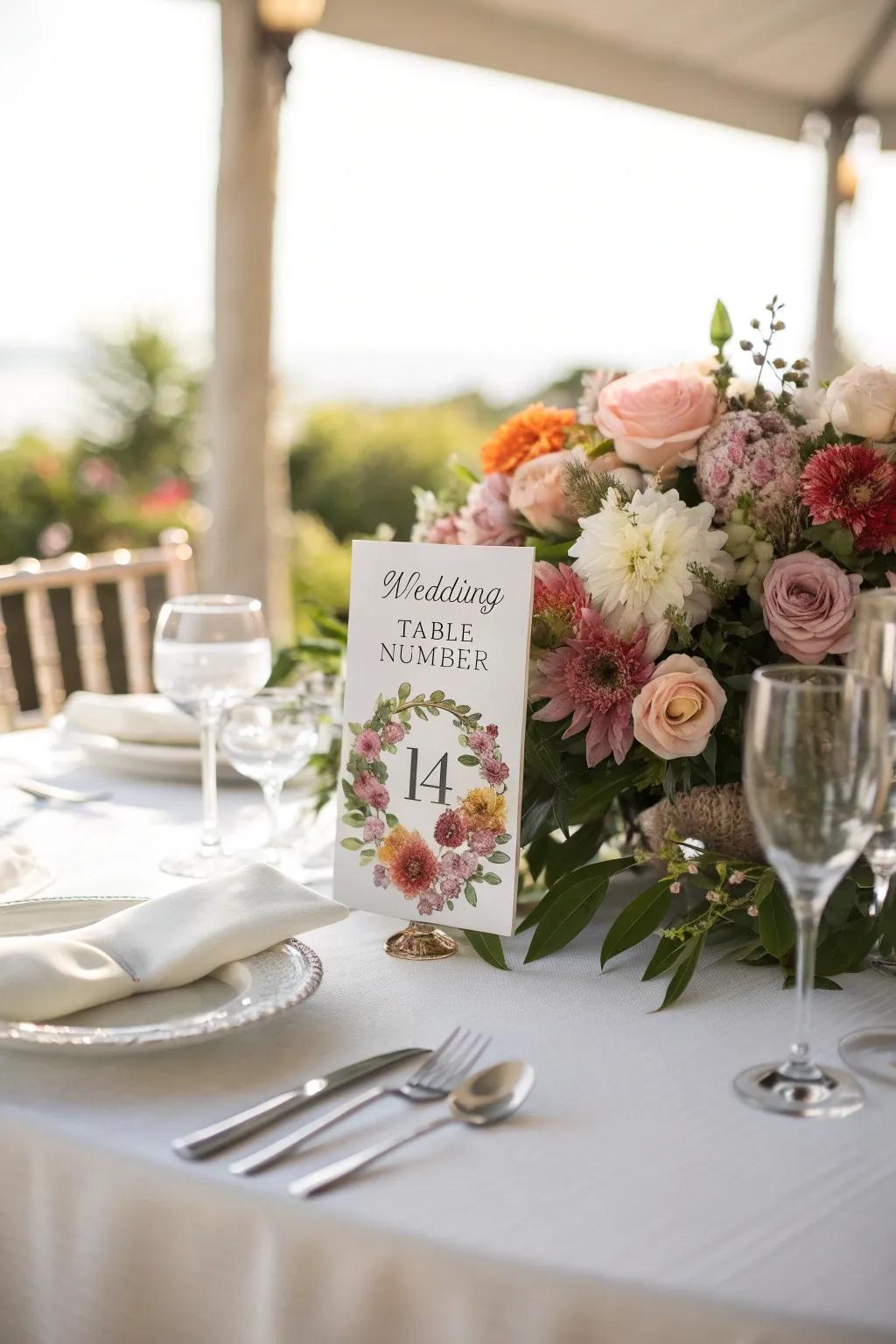 Floral accents surrounding table numbers conjure a dreamy, romantic atmosphere.