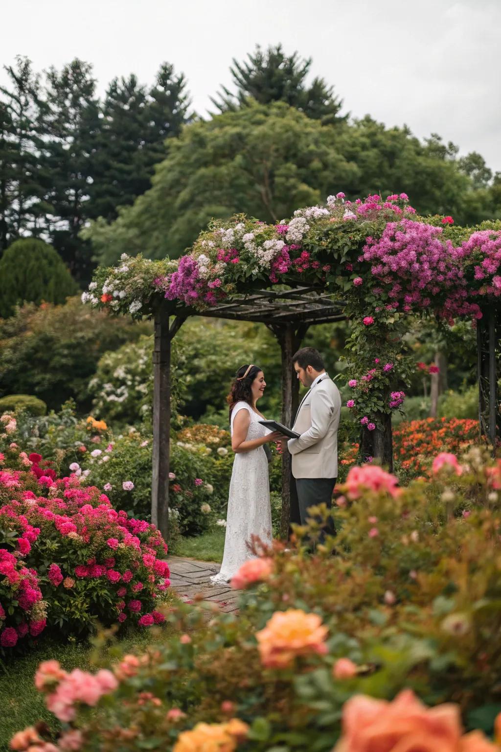 A couple exchanging vows in a vibrant garden setting, surrounded by colorful blooms.