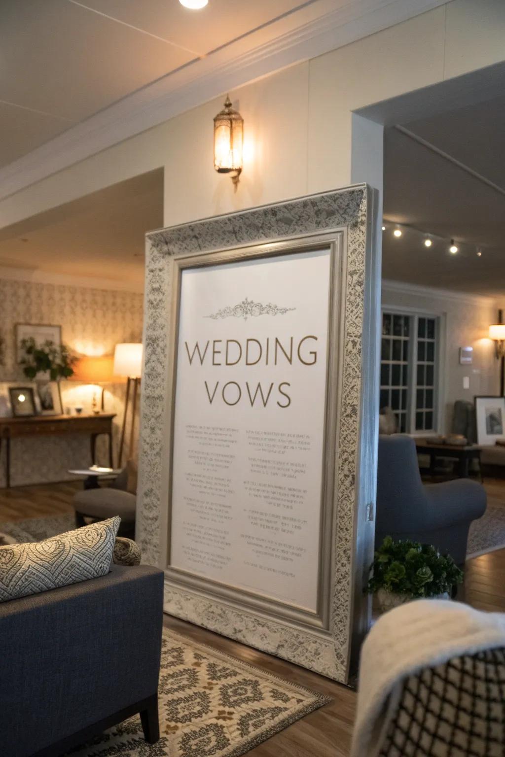 Elegantly framed wedding promises as a central piece in a chic family room.