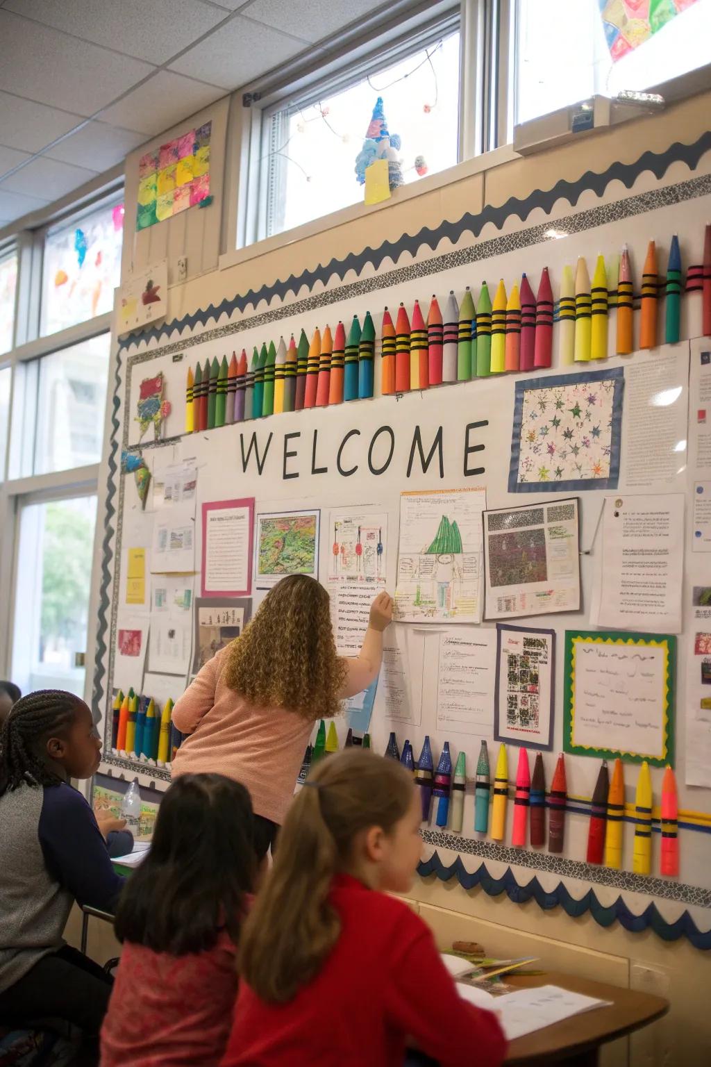 A dynamic crayon-styled board designed to enliven the learning space and ignite students' eagerness for the year ahead.