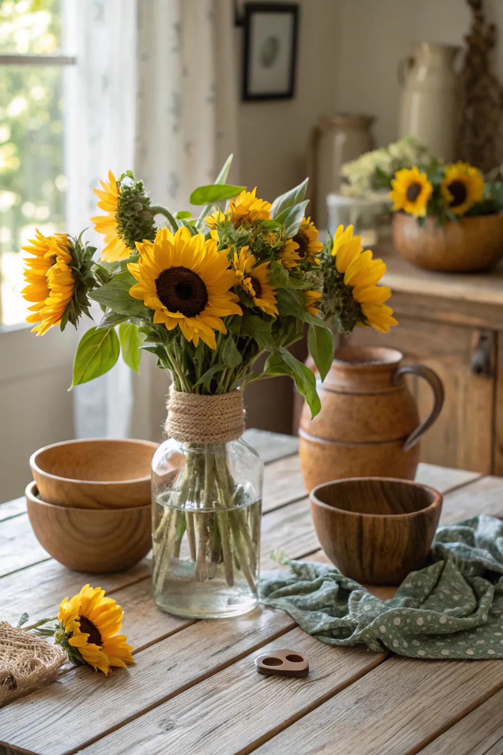 Sunflowers displayed in a preserving jar introduce a touch of rustic allure to any table arrangement.