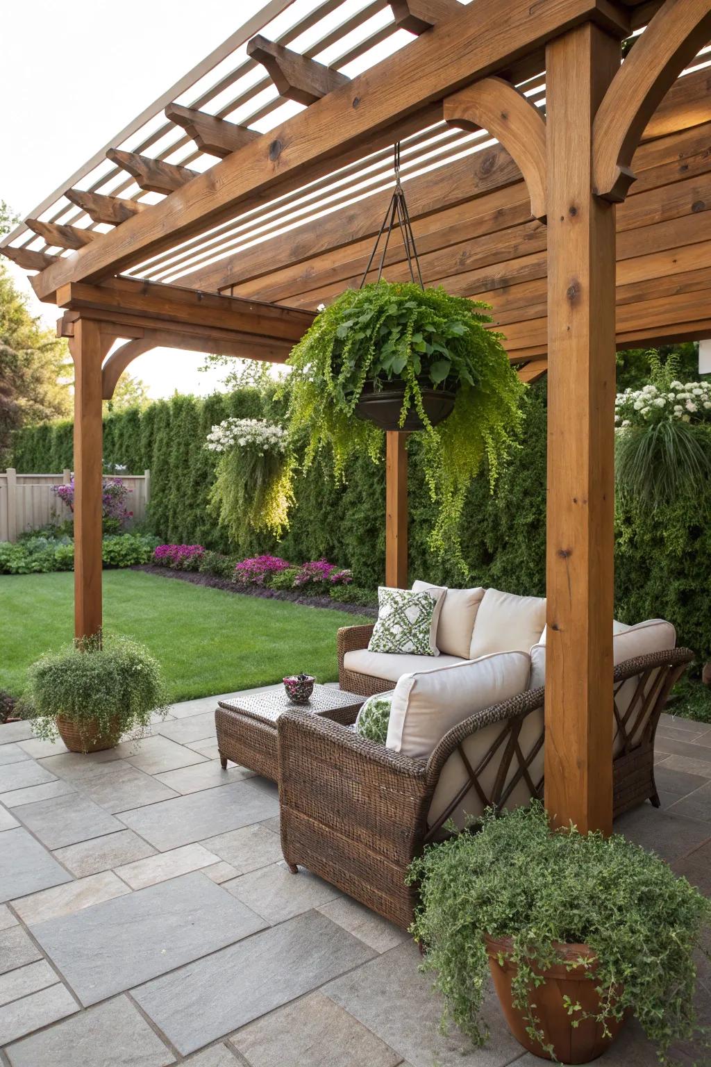 A timber arbor lending shade and allure to a western-themed patio.