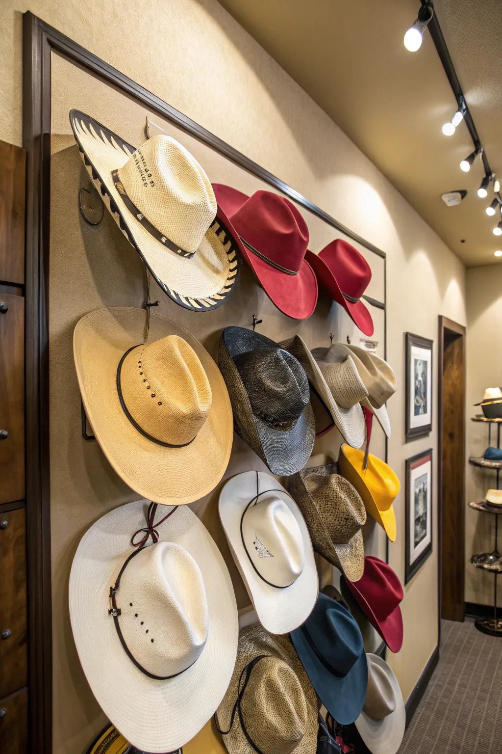 Artistic display of cowboy hats on a living room wall.